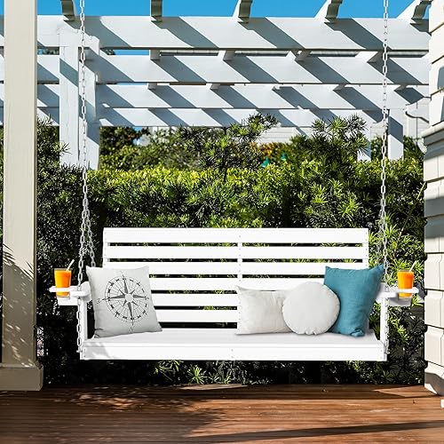 Miniatura 2 de Plawdlik Columpios de porche, silla de patio de 2 asientos con dos portavasos, banco impermeable de polietileno de alta densidad para patio, color