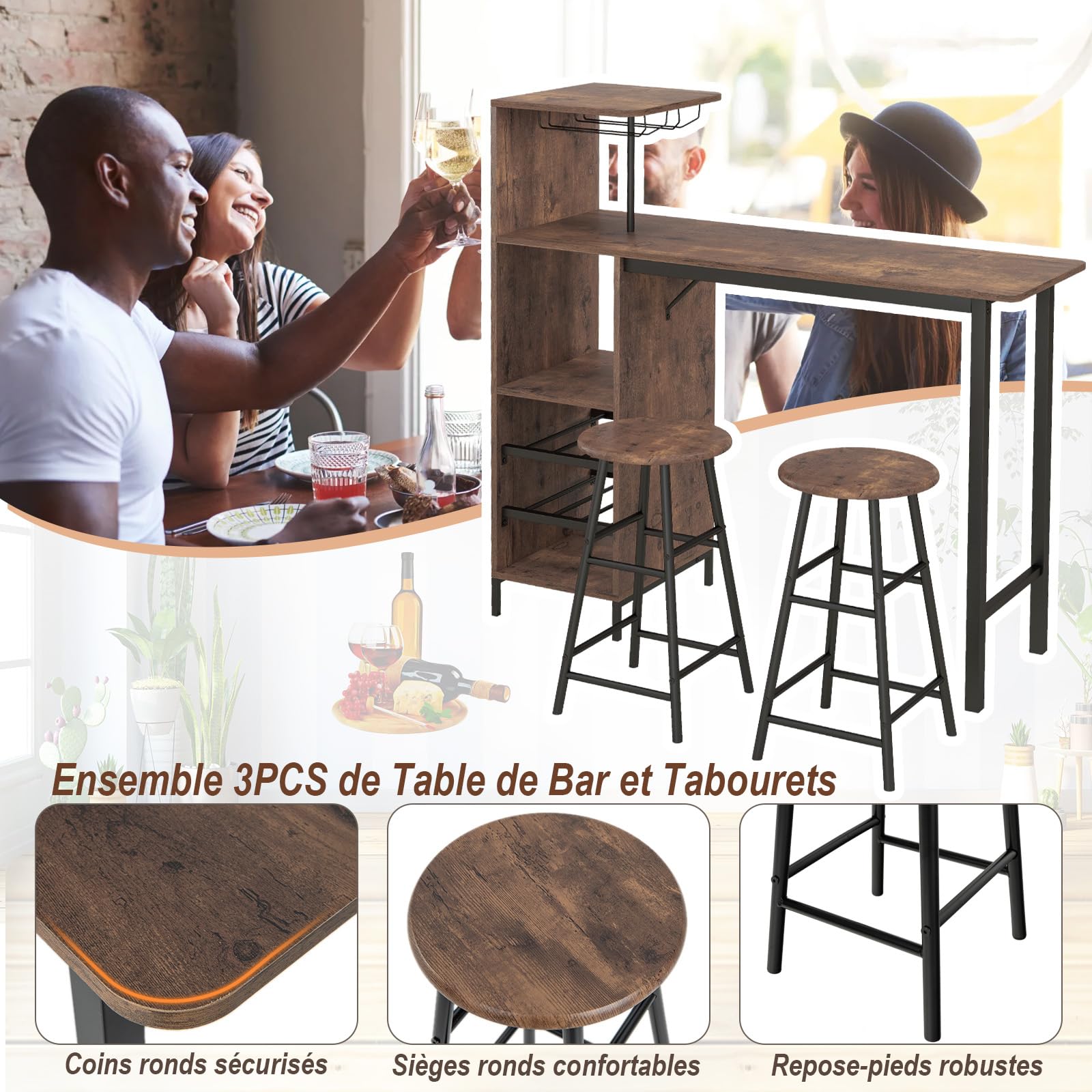 GOPLUS Ensemble Table de Bar et Tabourets 3 Pièces,Table Bistro avec Porte-Verres et Étagères, Table de Comptoir de Cuisine avec 2 Tabourets pour Maison, Salle à Manger, Restaurant, Bar (Café)