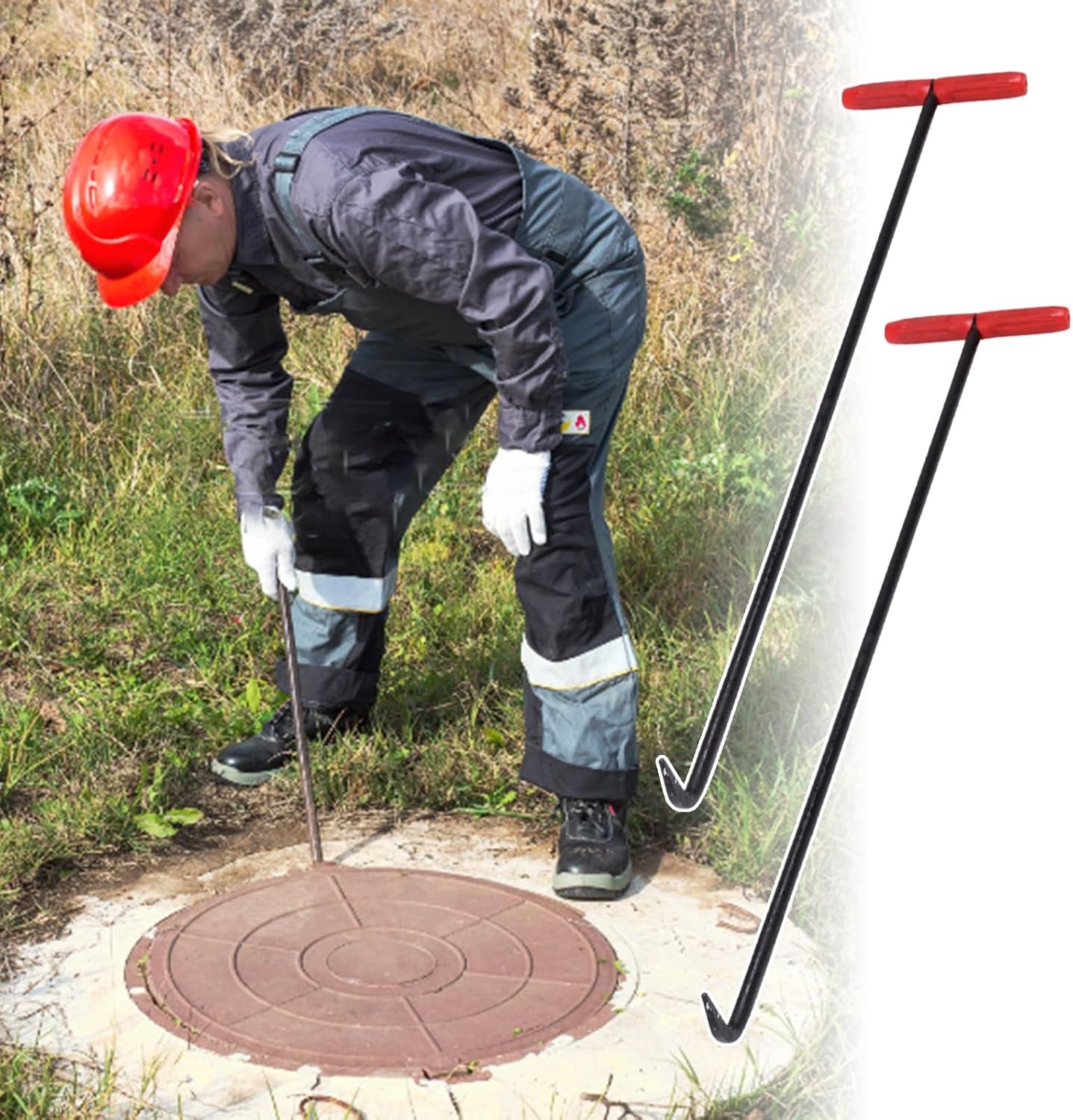 Steel Manhole Hook Lifter Set of 2, 33.8" Drain Grate Lifting Tools with Rubber Non-Slip Grip, Versatile for Manhole Covers & Rolling Doors