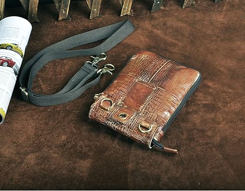 Miniatura 7 de Le'aokuu Riñonera de cuero genuino para hombre, bolso de hombro pequeño mensajero para teléfono, cinturón, Camel de cocodrilo grande