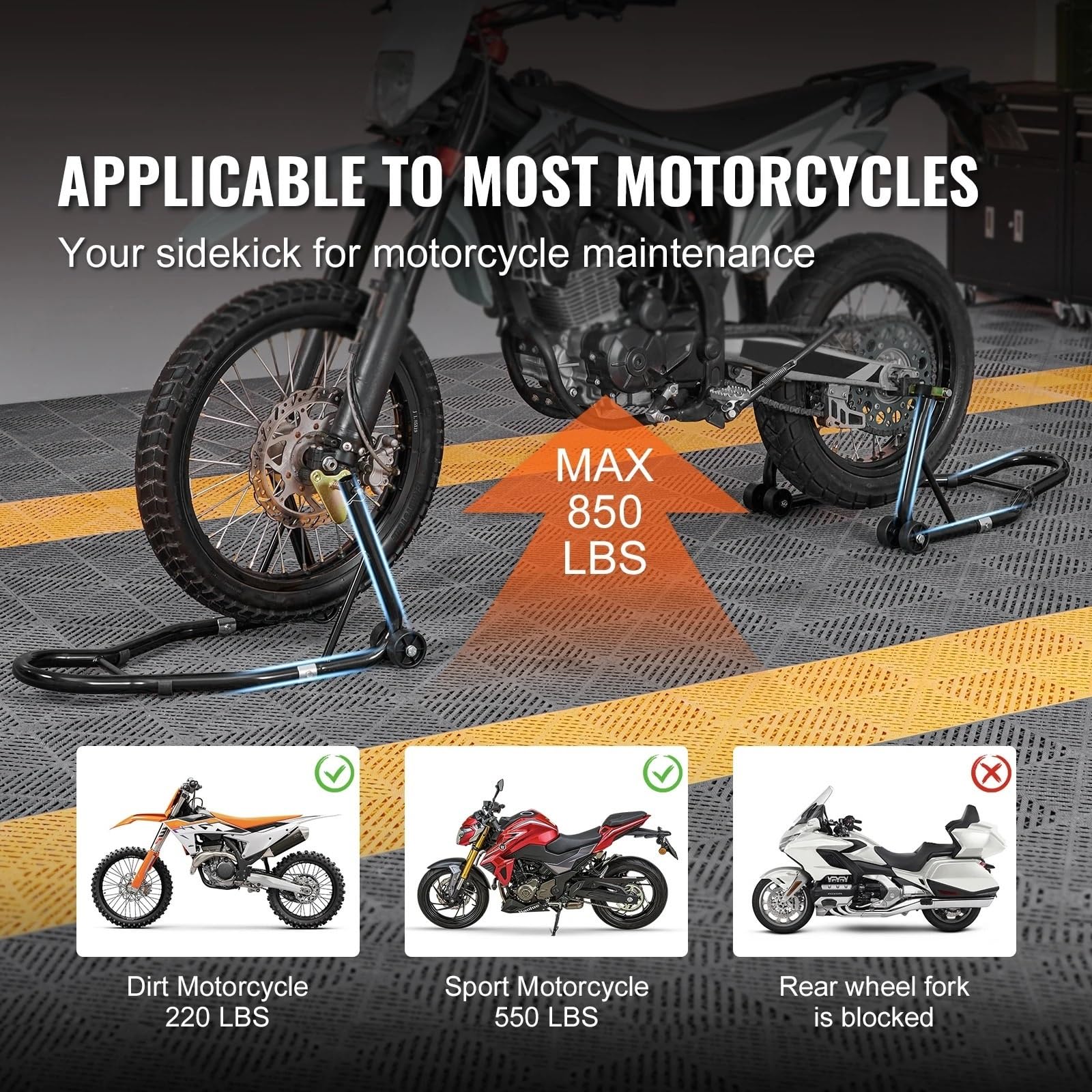 Cavalletto Moto Cavalletto Moto Sollevatore Da 850 Libbre Combo Anteriore Posteriore E Forcella Ruota Centrale Carichi Pesanti Supporto Parcheggio