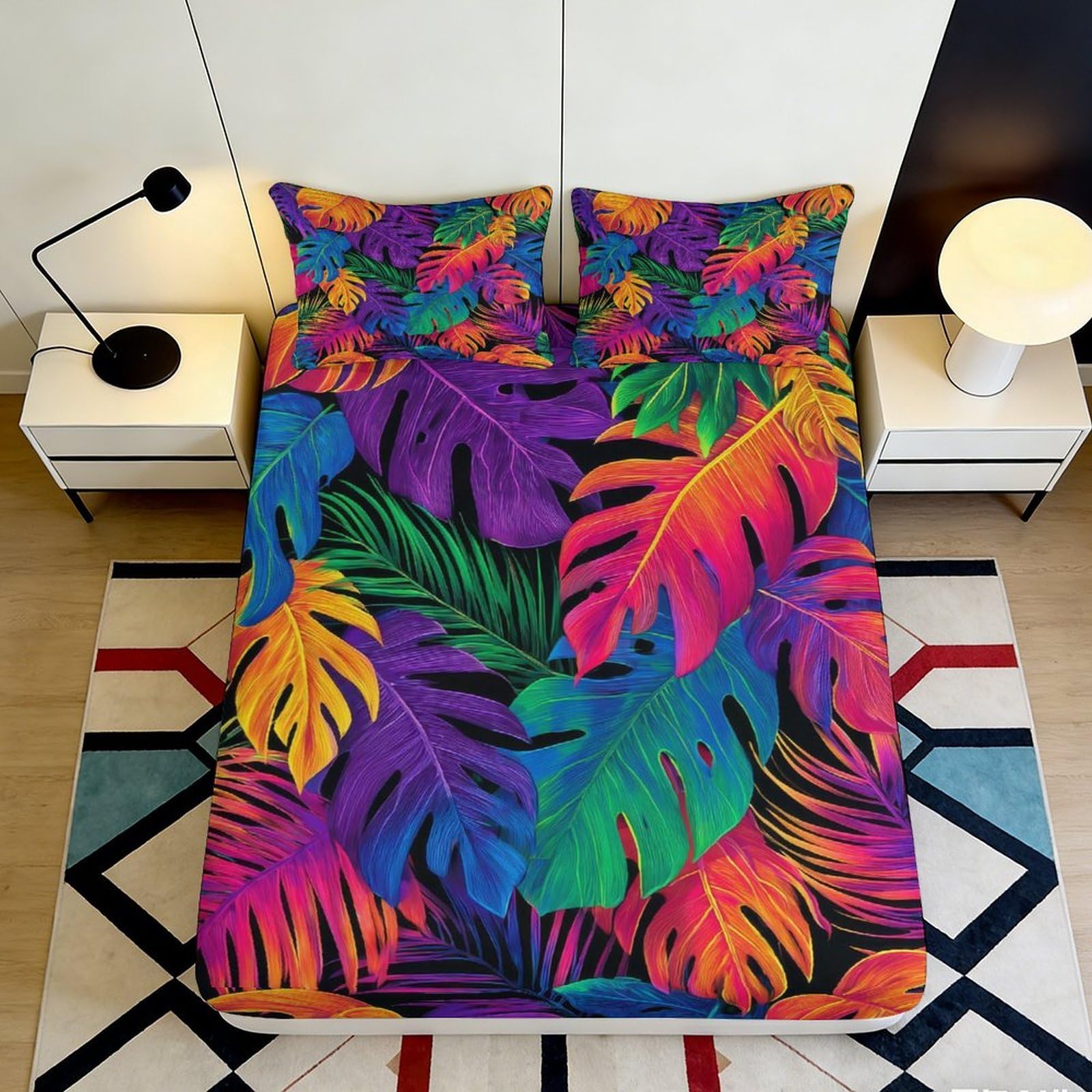 3D Printed Tropical Leaf Fitted Sheet Microfiber Soft Vibrant Rainbow Jungle Bed Cover for Bedroom Dorm Decor 90x200x25cm