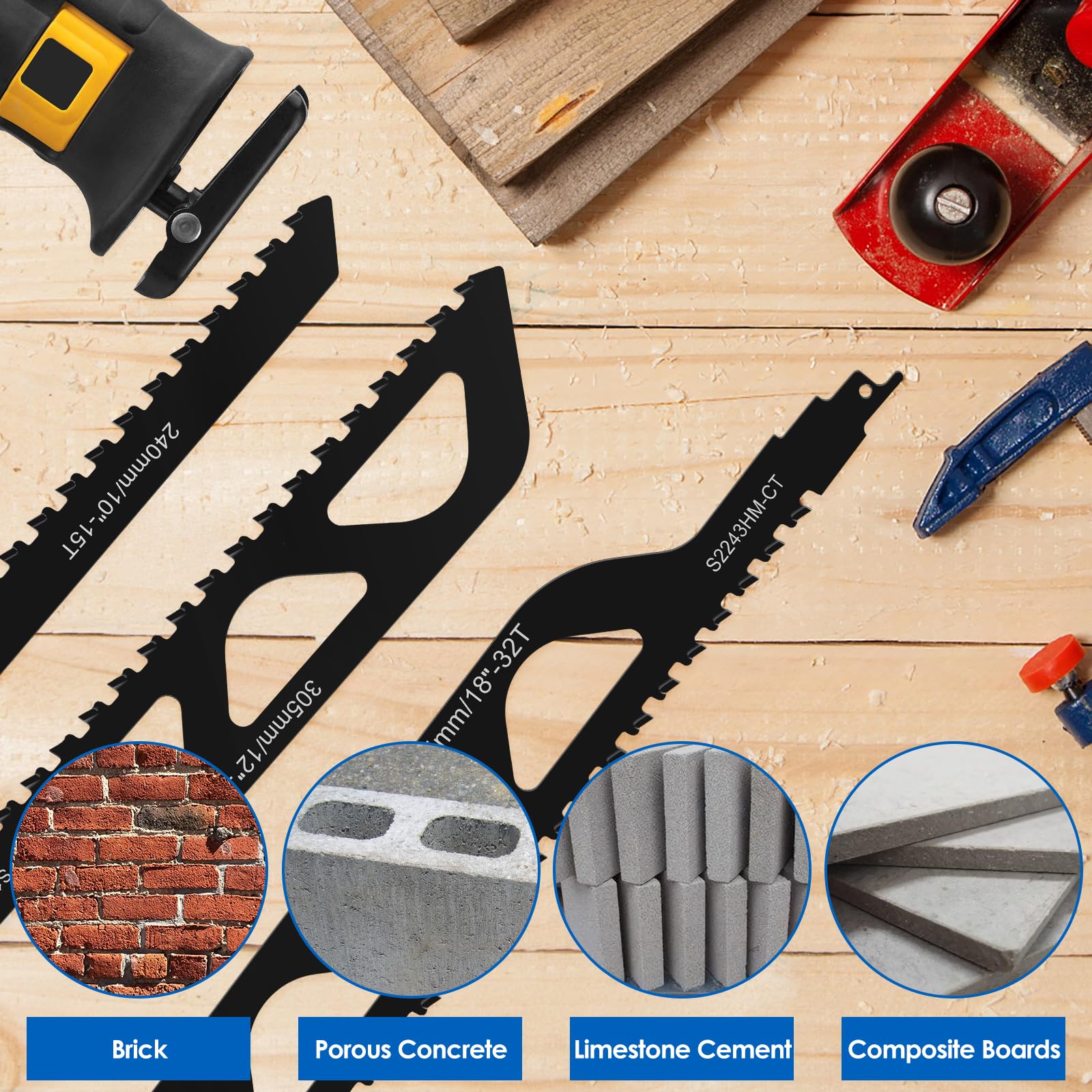 EZARC Demolition Masonry Reciprocating Saw Blade, Carbide Sawzall Blades For Cutting Aerated Concrete And Hollow Brick, 2 Pack, 300mm 450mm