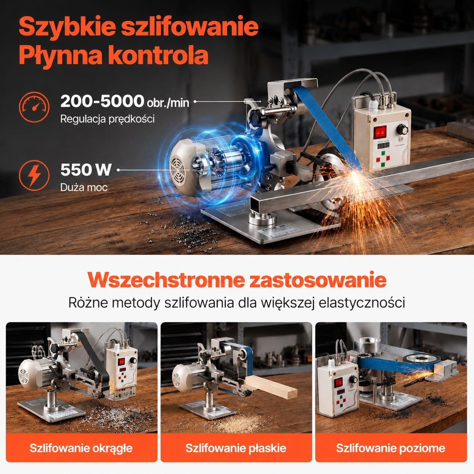 Stacjonarna szlifierka taśmowa 550 W z 3 pasami ściernymi, regulacja 200–5000 obr/min, praca pionowa lub pozioma do metalu i drewna