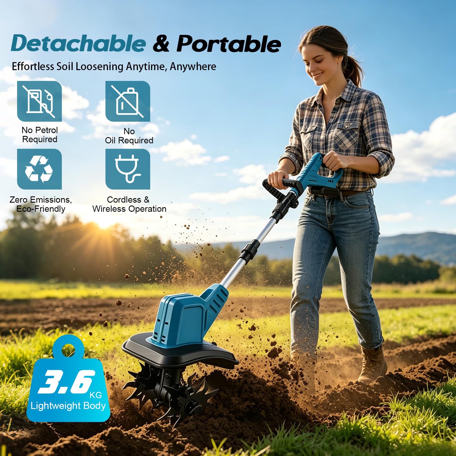 Motobloque plegable con batería de 2 x 21 V, 600 W | Ancho de trabajo 22 cm profundidad 17 cm, motor sin escobillas, máquina de binadora eléctrica para jardín y césped