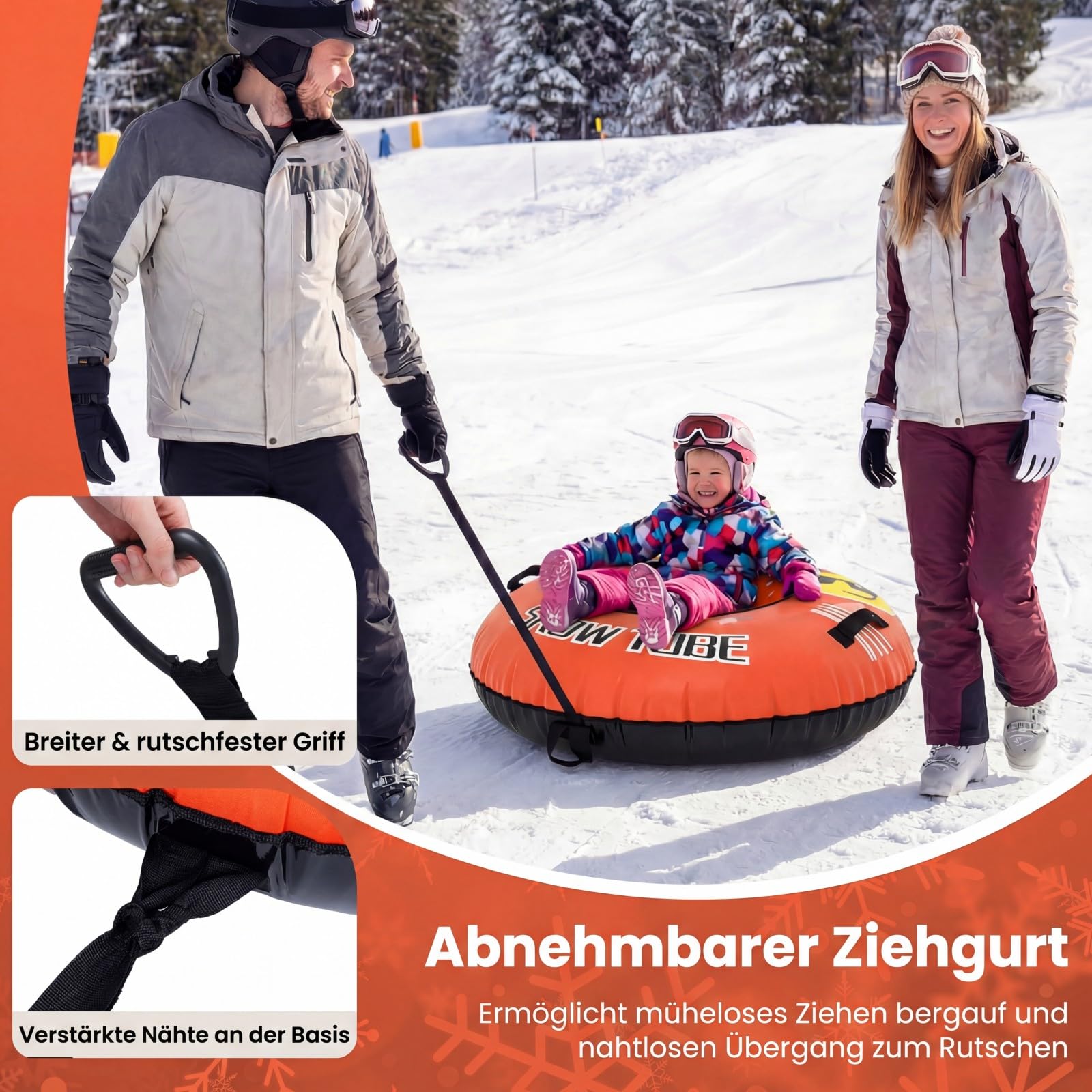 COSTWAY Aufblasbarer Schneereifen mit Schleppleine, 107 cm Snowtube, aufblasbarer Schlitten mit Griffen, Rodelreifen für Kinder und Erwachsene (Orange)