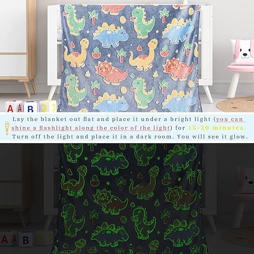 Miniatura 6 de Bonita manta infantil que brilla en la oscuridad con diseño de dinosaurio para niños, para cama, sofá, sofá, manta suave y cálida, regalo de
