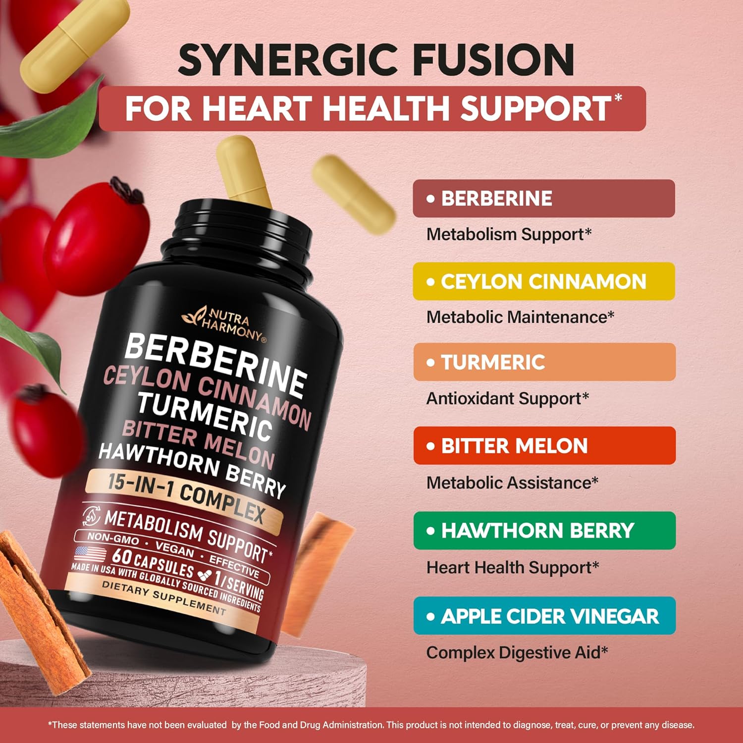 Berberine with Ceylon Cinnamon | Bitter Melon (Karela) | Apple Cider Vinegar | Hawthorn Berry | Citrus Bergamot | Turmeric - 15-in-1 Supplement for Heart Support, Metabolism & Energy - 60 Capsules - Image 4