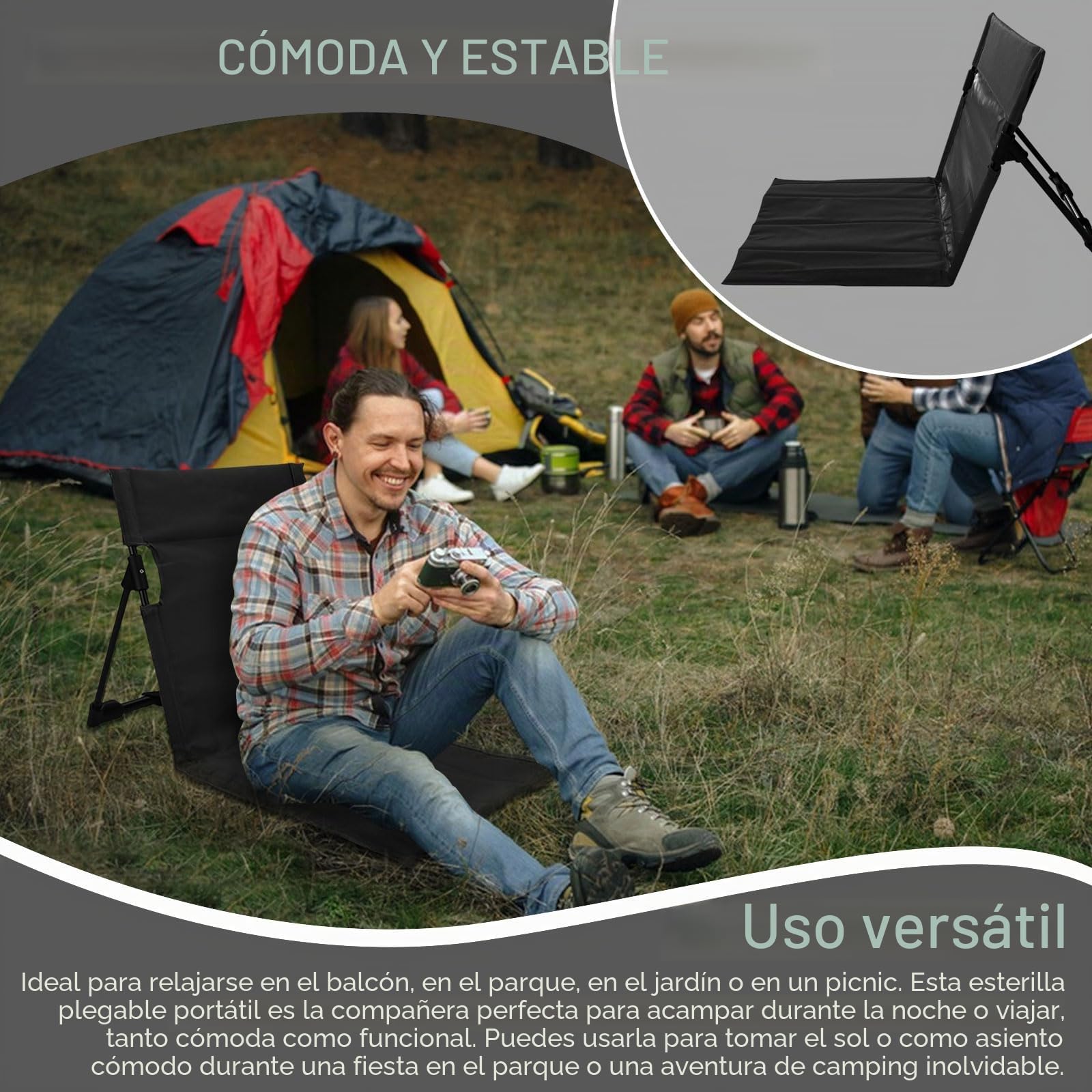 Silla de Suelo Plegable con Respaldo,Ligero y Plegable Tumbona Playa,Ajustable Esterilla De Playa Plegable para Camping, Actividades al Aire Libre, Playa y Viajes (Negro)
