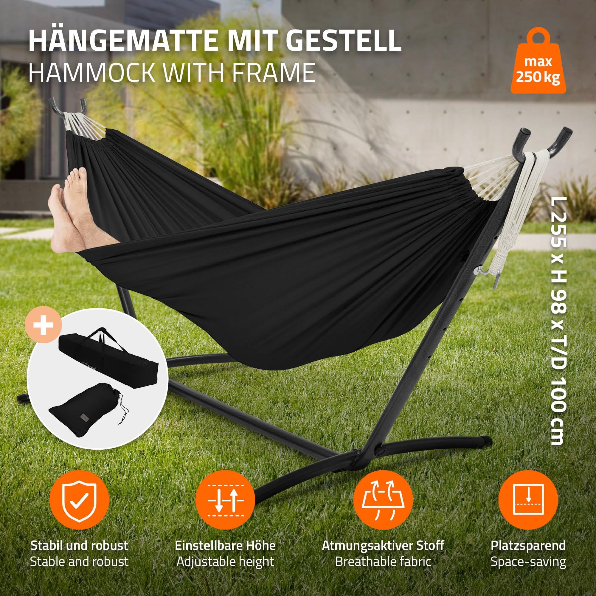 ML Design Amaca Doppia in Poliestere e Cotone Nero 275 x 110 x 98 cm con Supporto in Acciaio Spazio per 2 Persone Sedia Sospesa XXL Portatile con Borsa per Trasporto e Sacchetto Amache da Giardino