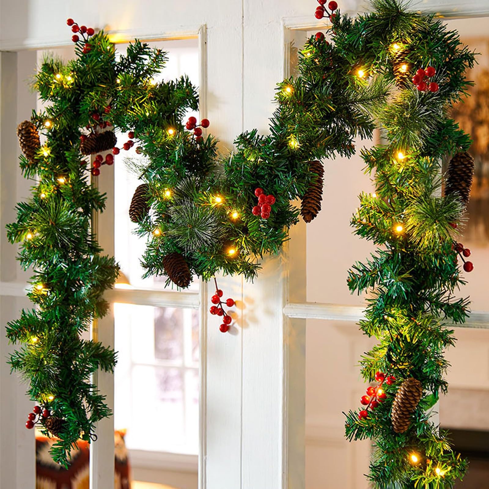 OPFdfhDFH Christmas wreaths, 9 FT Xmas Garland with Pine Cones, Berries, Hand-woven, Fireplace Christmas Decorations for Front Door Table Home Decor