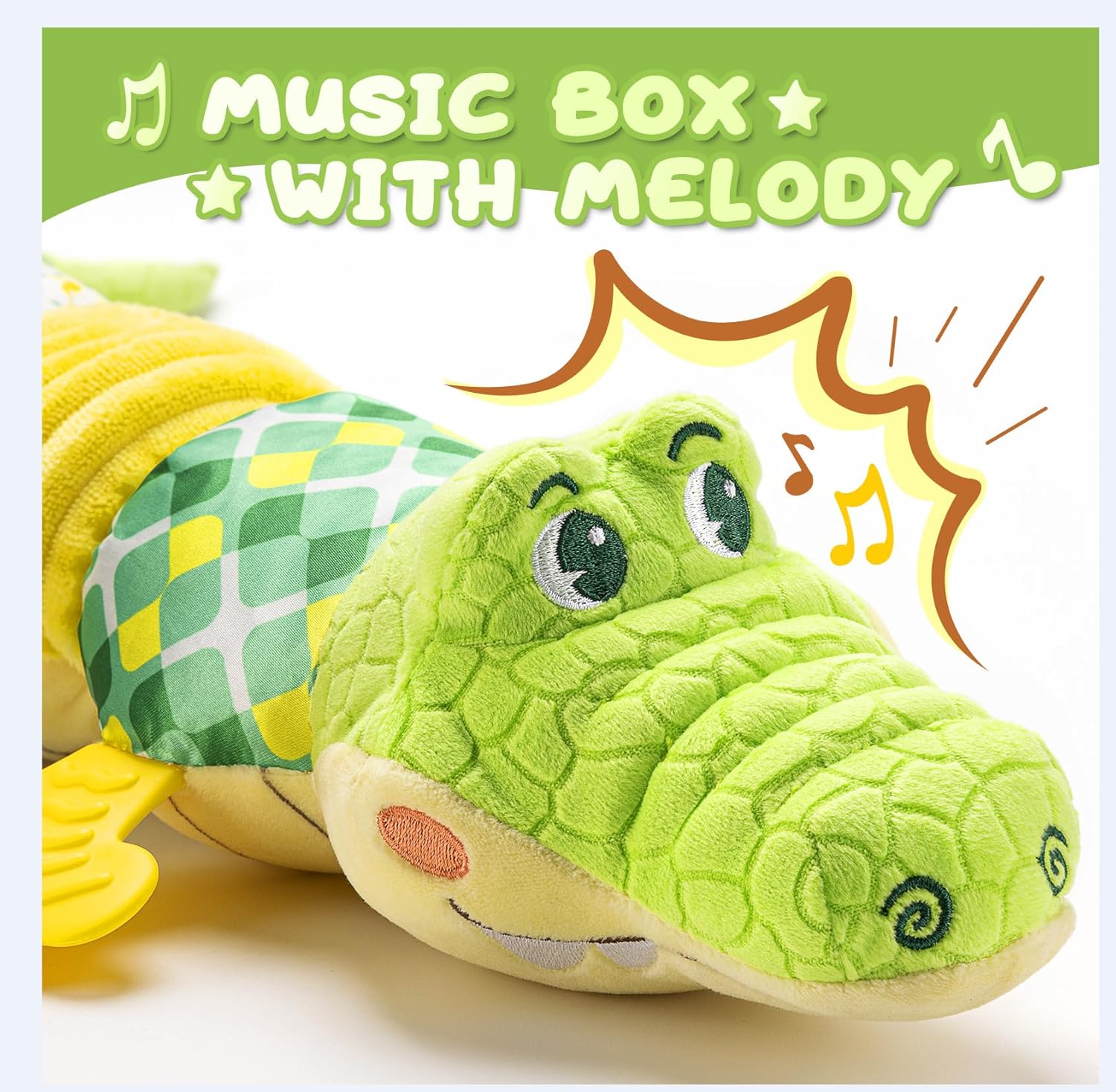 Awotoy Baby Toys 0 to 12 Months, Musical Stuffed Animals Activity Soft Toy with Multi-Sensory Crinkle, Rattle and Textures, Infant Tummy Time Toys for Newborn Boys Girls, Crocodile, Green