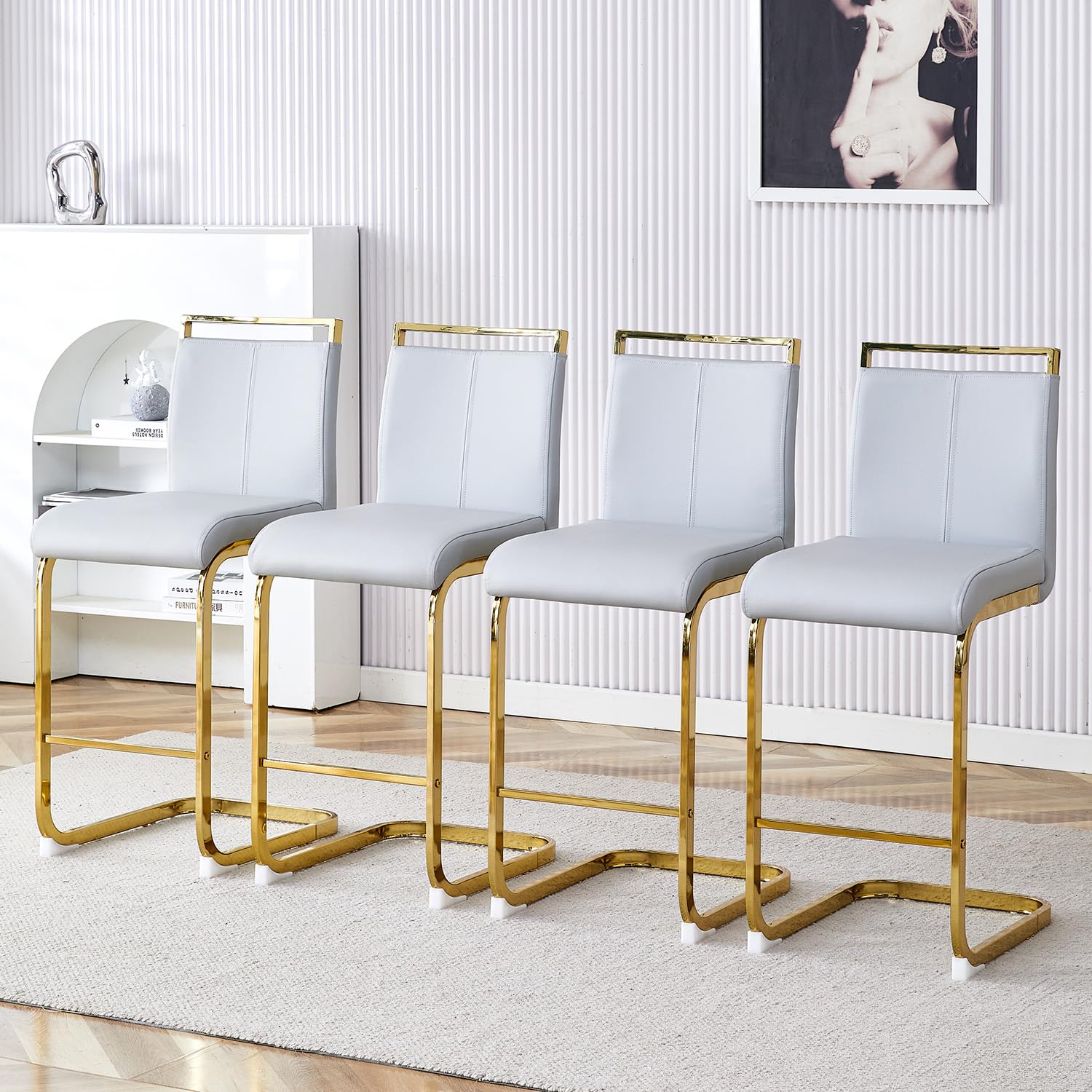 Bar Stools Set of 4,Counter Height Bar Stools with Backs,Light Grey Faux Leather Kitchen Stools with Gold Chrome Plated Metal Leg,High Dining Chair