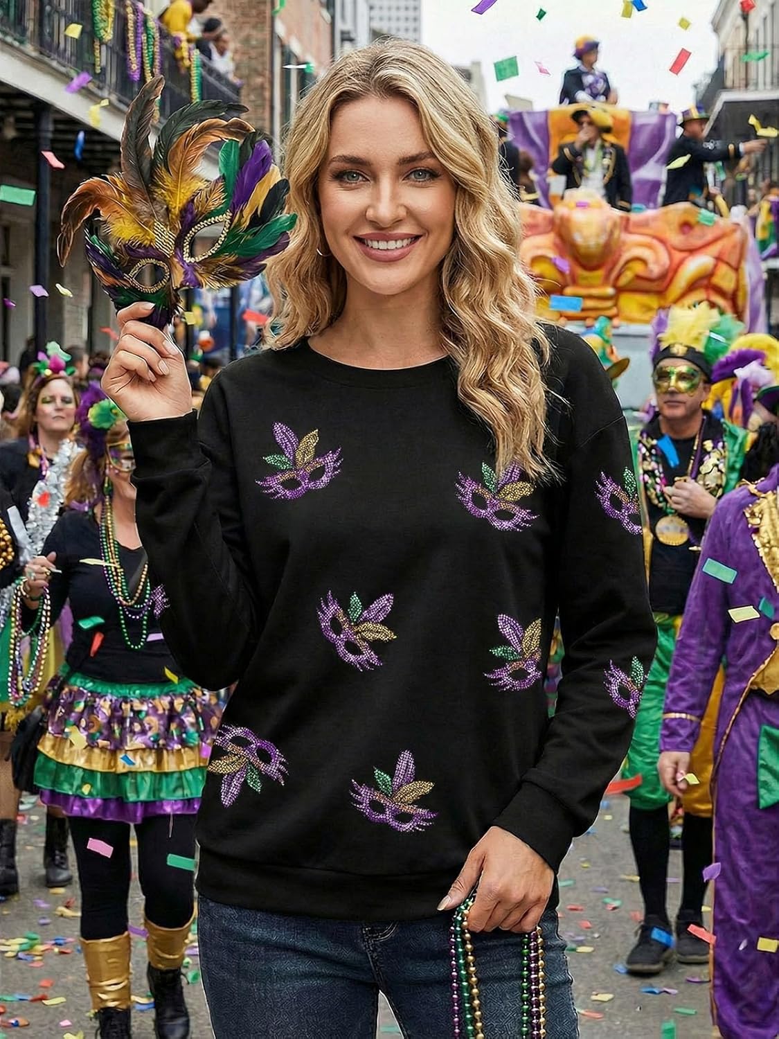 Mardi Gras Sweatshirt for Women Carnival Sequin Sparkle Sweater Purple Masks Crewneck Long Sleeve - Image 2