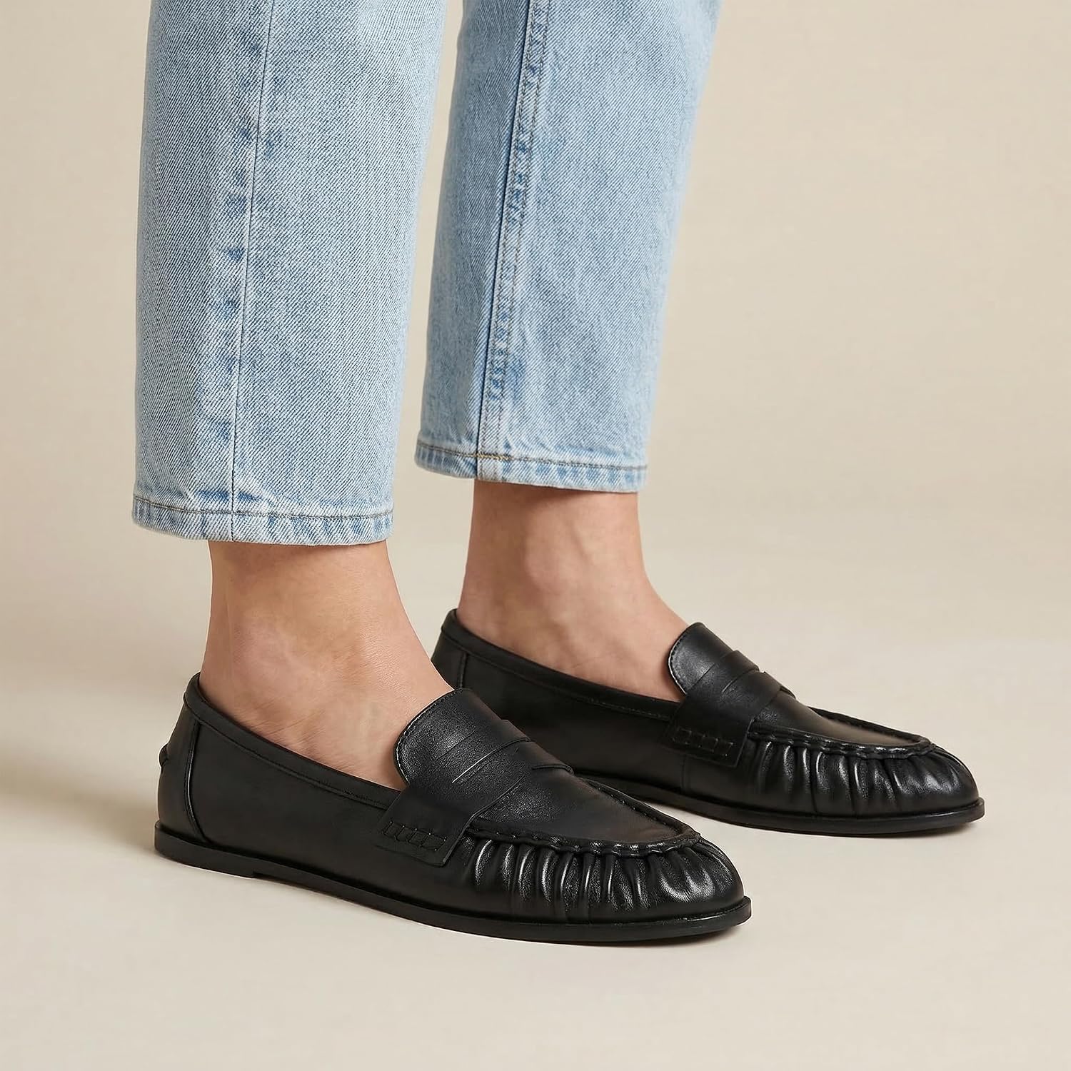Penny Loafers for Women - Ruched Slip On Flats, Comfortable Dressy Work Shoes for Casual Office