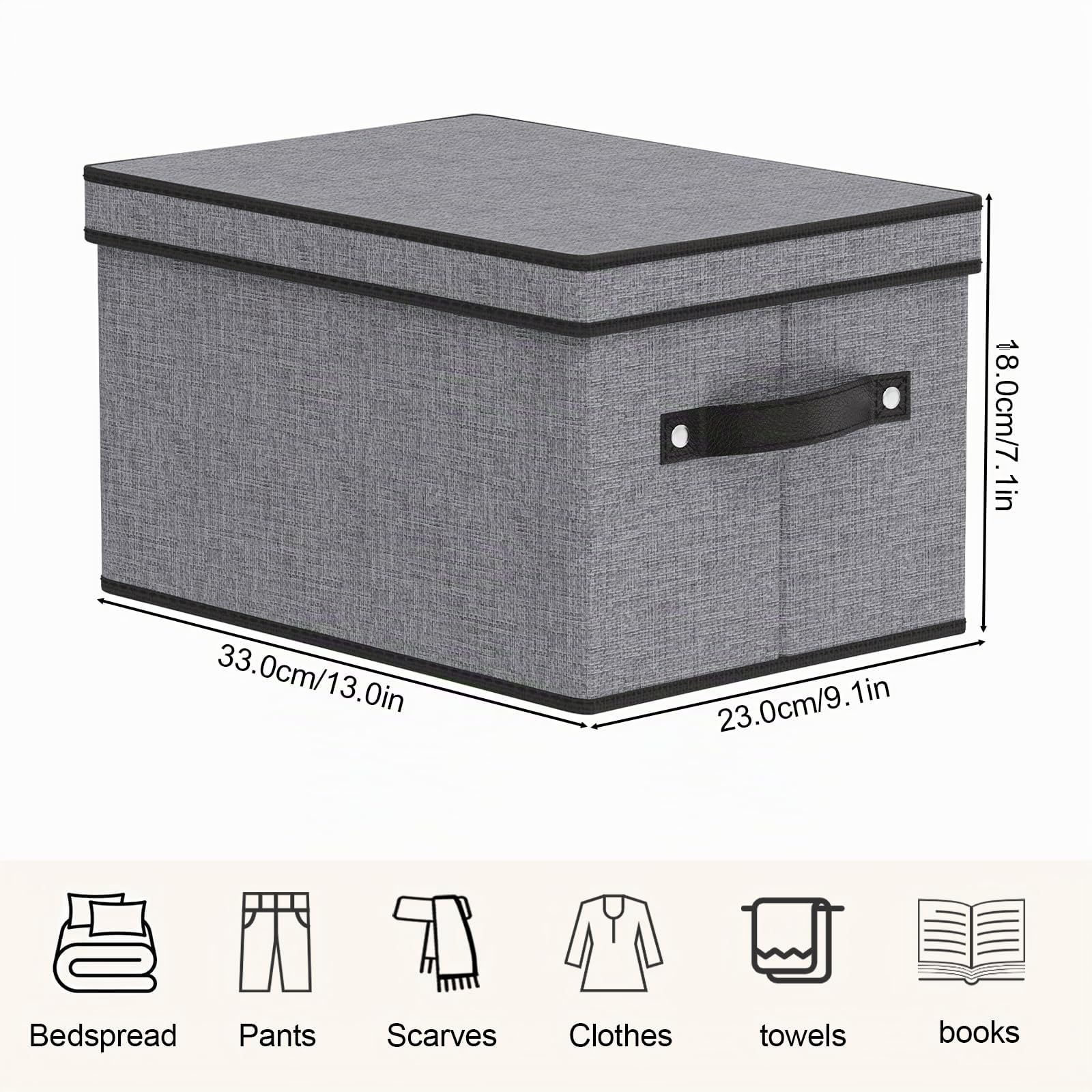 3 Piezas Cajas Almacenaje Ropa, Caja de Almacenamiento con Tapa, Cestas Organizadoras Plegable con Manija, para Toallas y otros Artículos, Gris, 33×23×18cm
