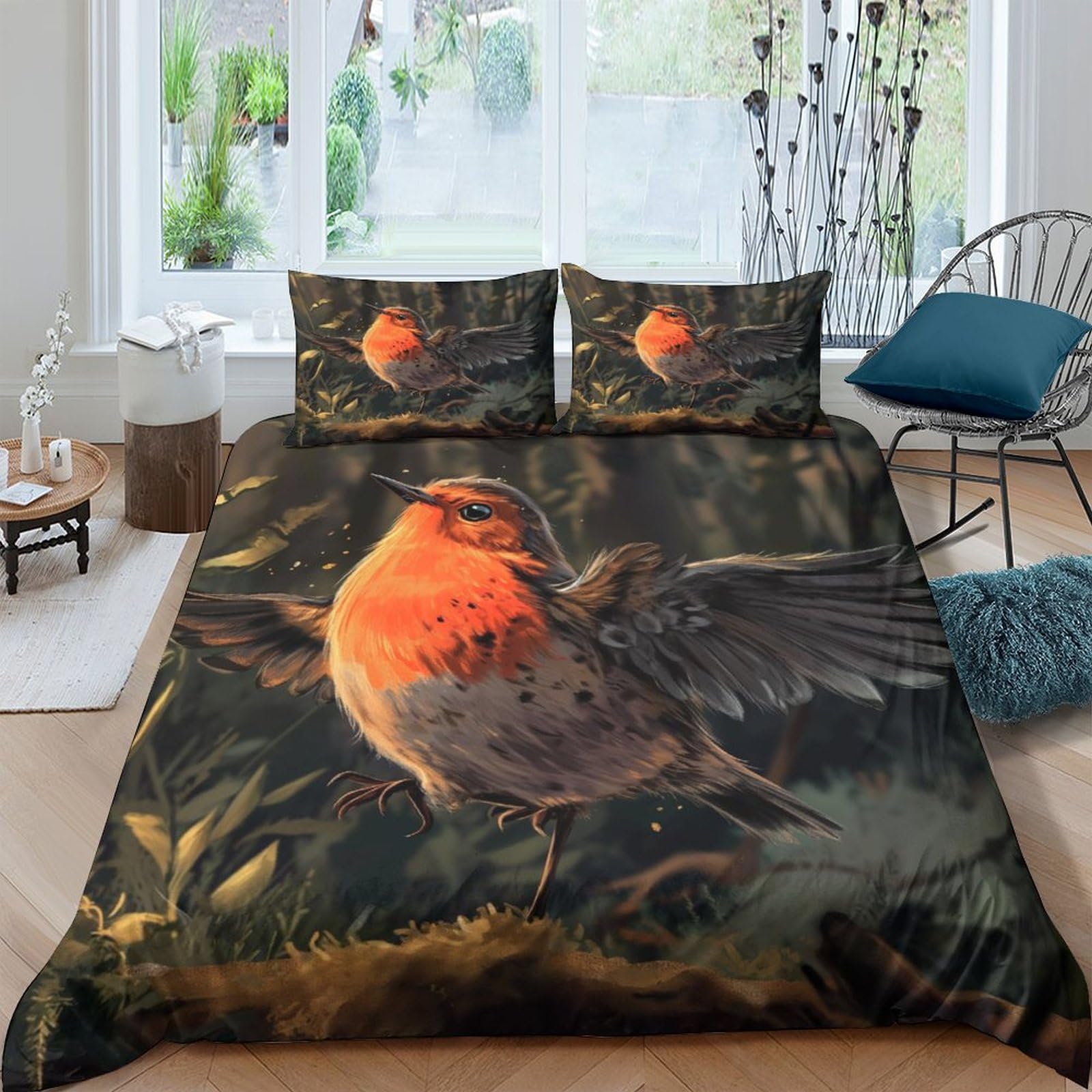 OPANZYYDE Robin Duvet Cover Set 3 PCS Hotel Quality Quilt Cover Bedding Bed Covers with Pillowcases with Zipper Closure Hypoallergenic Soft Breathable Microfiber Double（200x200cm）