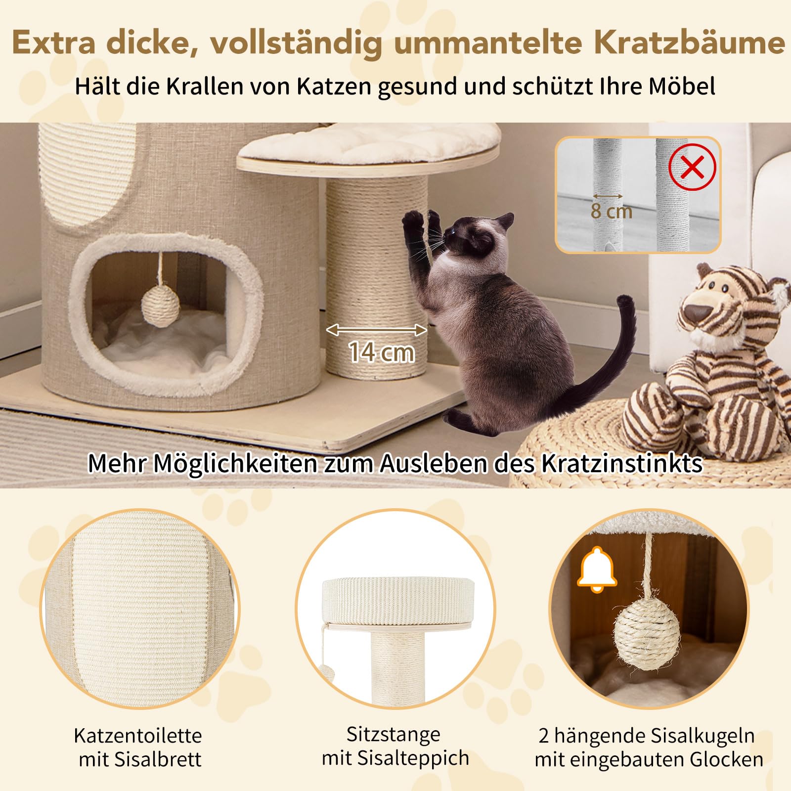 COSTWAY Kratzbaum, Katzenbaum mit 2-stöckiger Kratztonne, Hängematte, abnehmbarem Bett, Sisalbrett, Spielball, Katzenkratzbaum Katzen Katzenmöbel, Kletterbaum Aktivitätsbaum, Beige+Natur