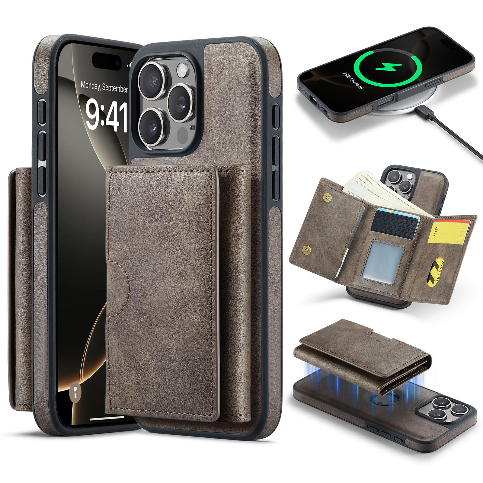 Asuwish Funda de teléfono para iPhone 16 Pro de 6.3 pulgadas, funda magnética desmontable con carga inalámbrica y bloqueo RFID, tarjetero de crédito, soporte abatible, resistente para iPhone 16, i16,