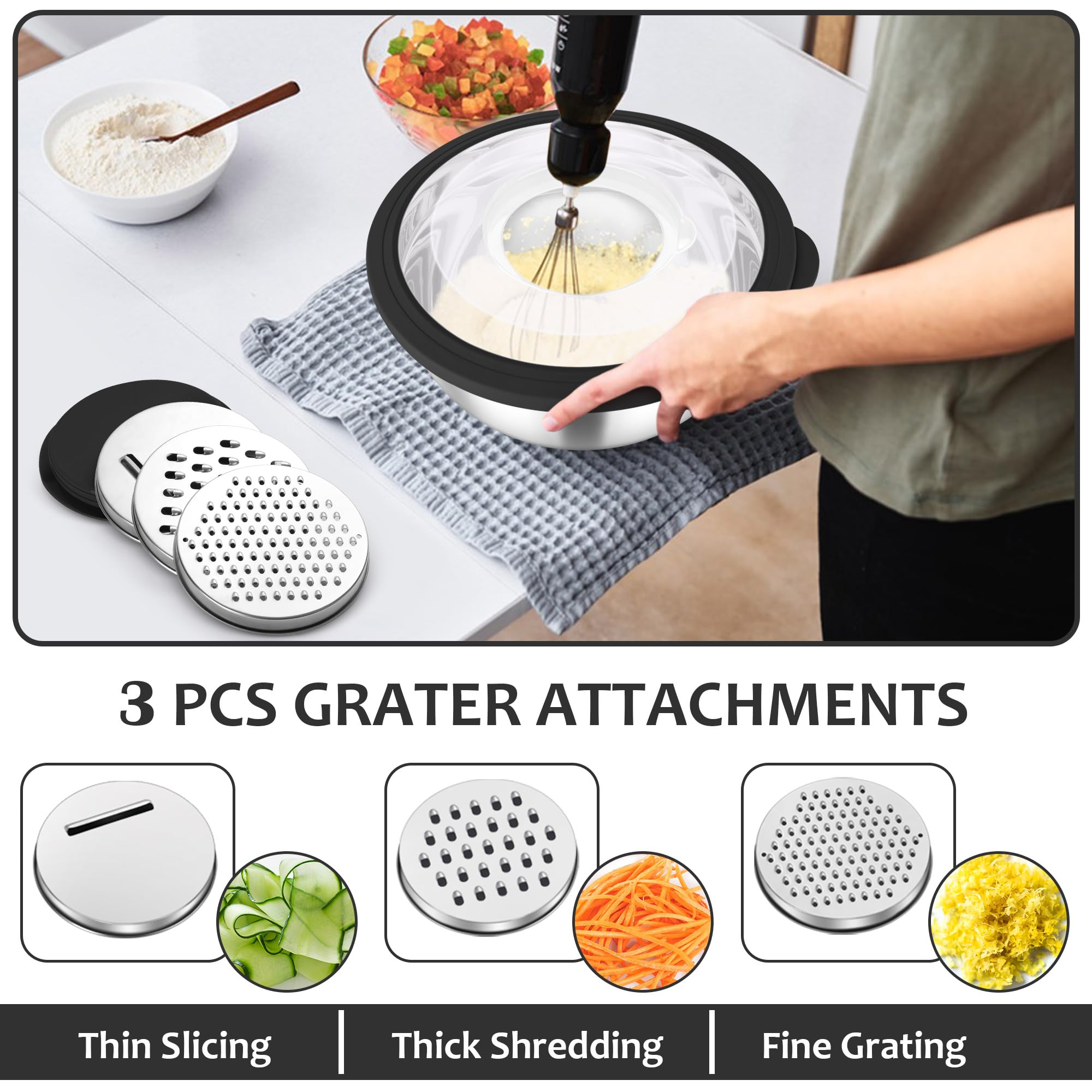 Colador con juego de tazones para mezclar, 4-1 coladores de acero inoxidable con ralladores para cocina, cuenco giratorio de colador de alimentos para enjuagar frutas, verduras y pasta, color 4
