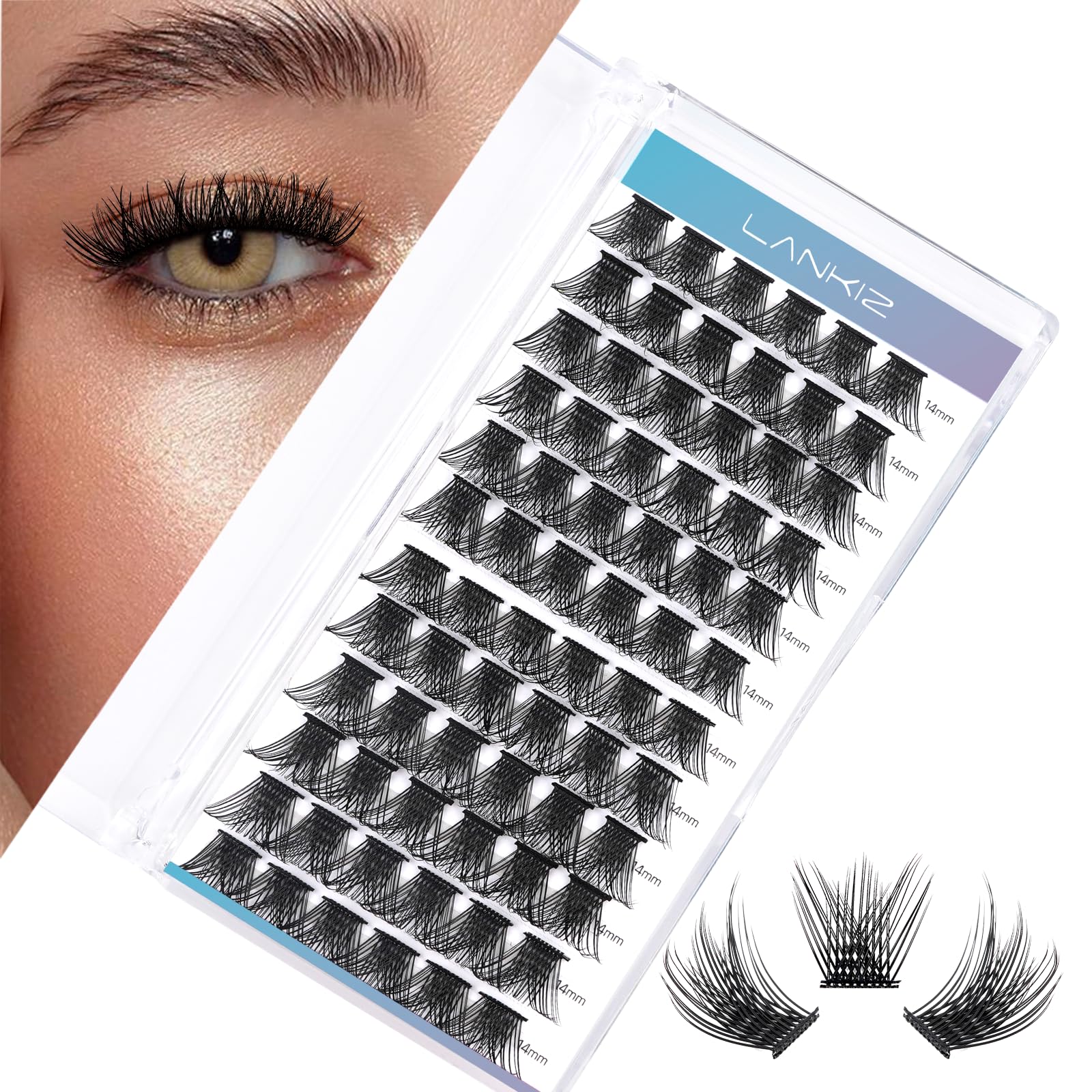 LANKIZ Lash Clusters DIY Lash Extensions Individual Lashes Natural Eyelash Clusters Extensions Soft and Lightweight Resuale Wide Band Cluster Lashes for Home Use (C01,C-14mm)