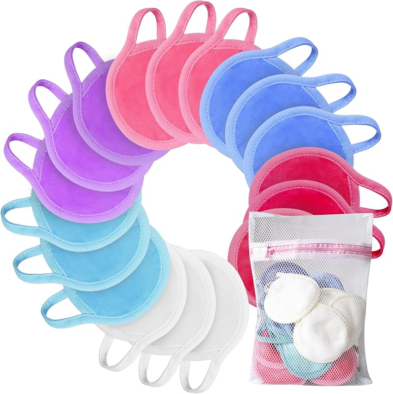 Nugilla Reusable Makeup Remover Pads, 18 Packs Microfiber Face Cloth with a Washable Laundry Bag, Reusable Rounds Towels for Face Cleaning, Soft Facial Rounds Wipes Eyes/Lips Clean for Women Gifts