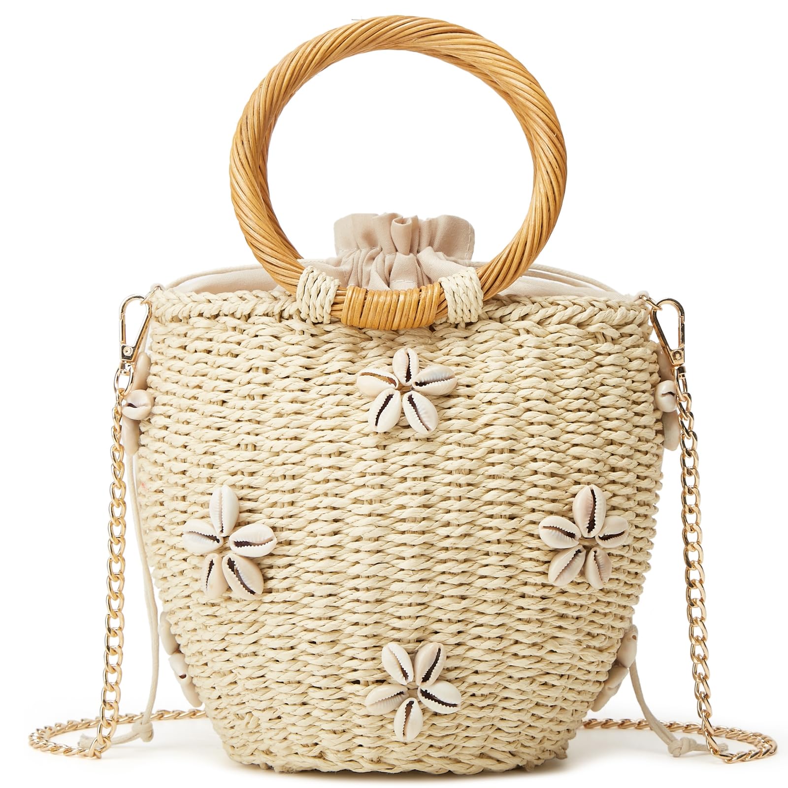 Summer Straw Bag for Women Pearl Flower Bucket Tote Bag Diamond Handbag Hand Woven Rattan Shell Purse Drawstring