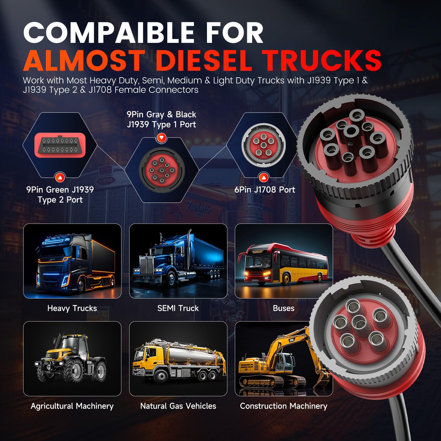 Autel Original OBD to Green Type2 9 Pin J1939 and 6 Pin J1708 Split Y Cable for Diesel Truck Diagnostics, 9Pin and 6Pin Male to 16Pin OBDII Female Splitter Adapter, OBD to OBD2 16 Pin Diagnostic Tool