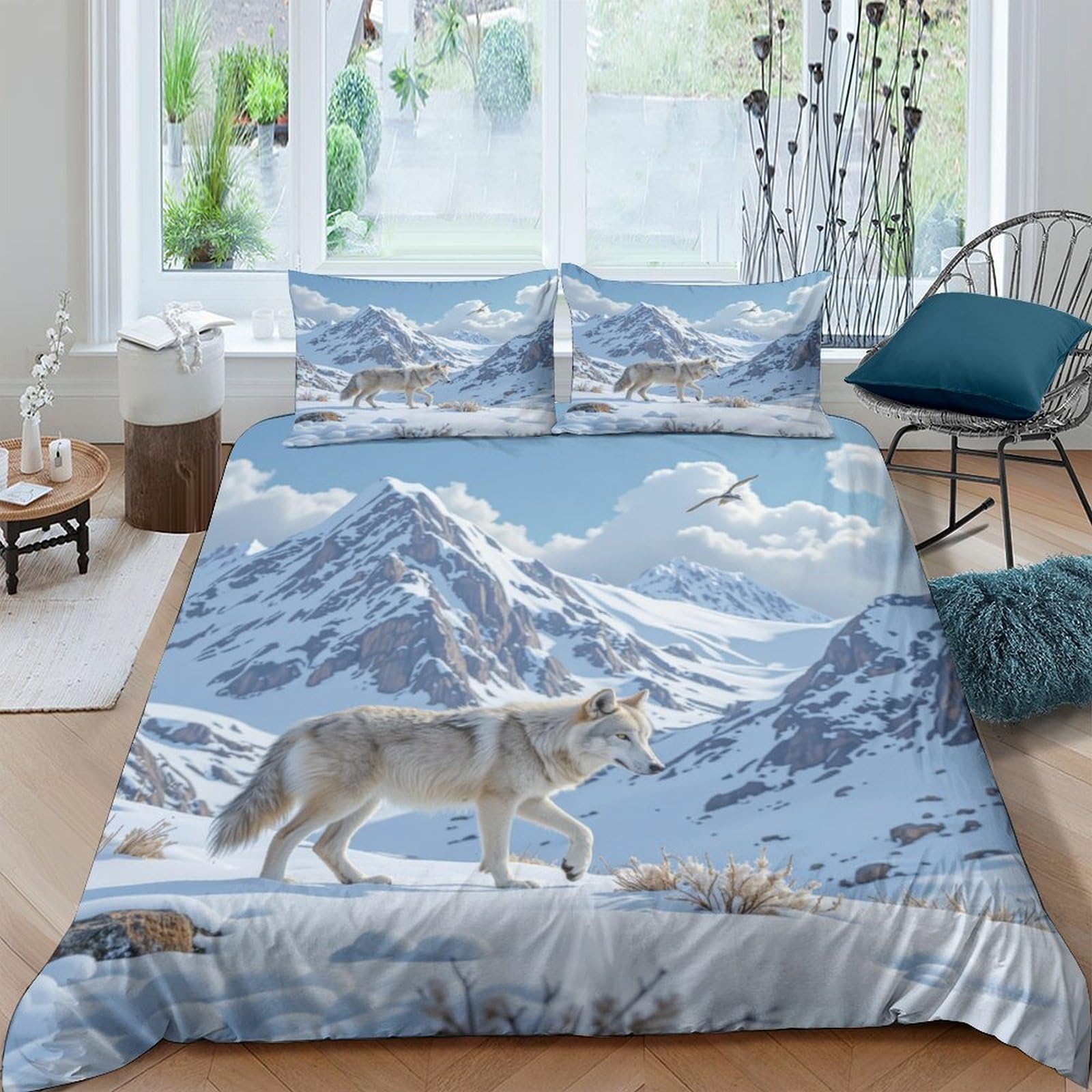 Ctjqhvkz Style-6 3D Printed Wolf Mountain Fitted Sheet Microfiber Soft Blue Snowy Landscape Mattress Cover Bedroom Decor Easy Care Single（135X200cm）
