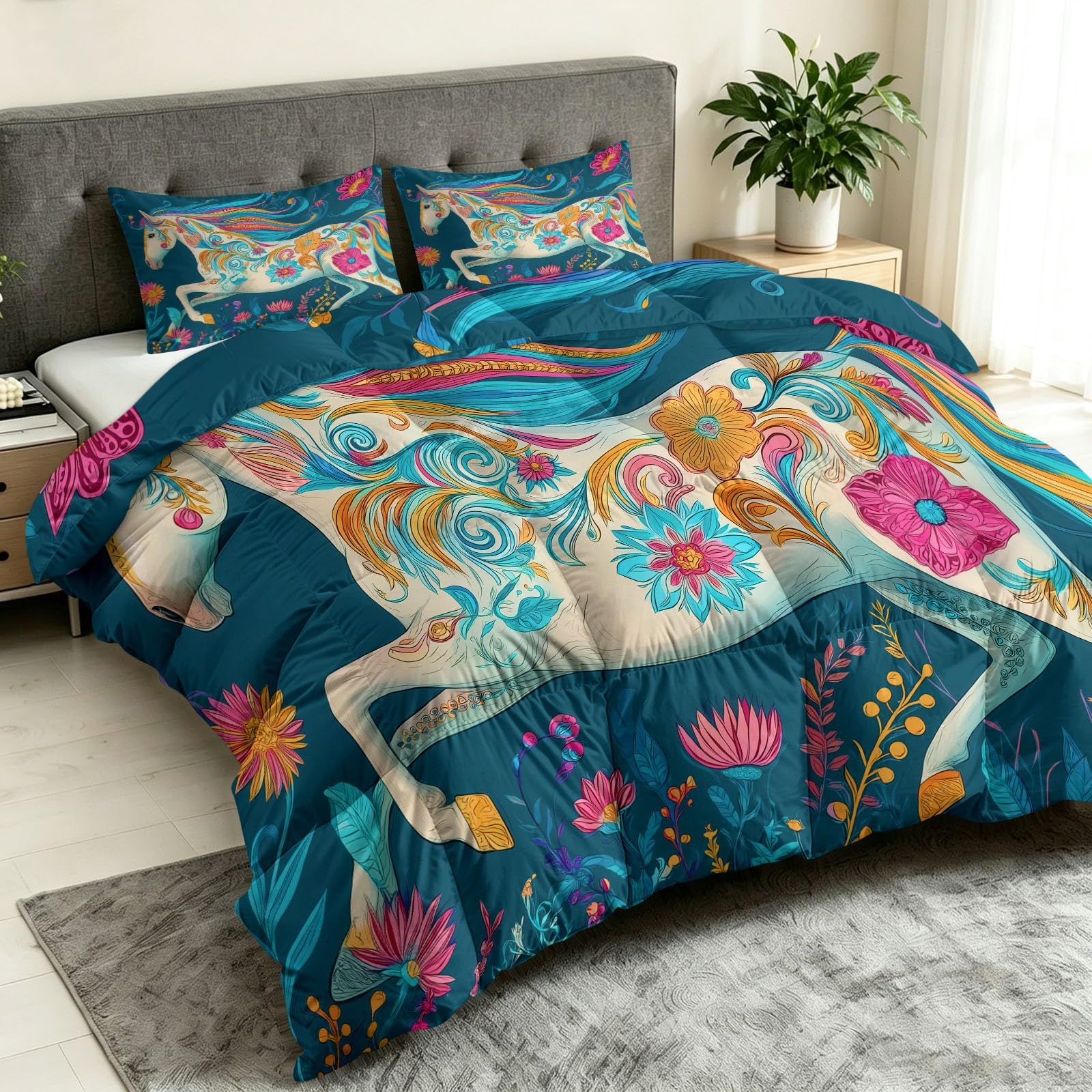 Bettdecke ohne Bezug 135x200 cm Blau Volkskunst Stil Antiallergisch Leichtsteppbett & Ganzjahresdecke - Waschbar mit 2 Kissenbezügen Blumendekoration Weißes Pferd Weiche und Atmungsaktive Wende