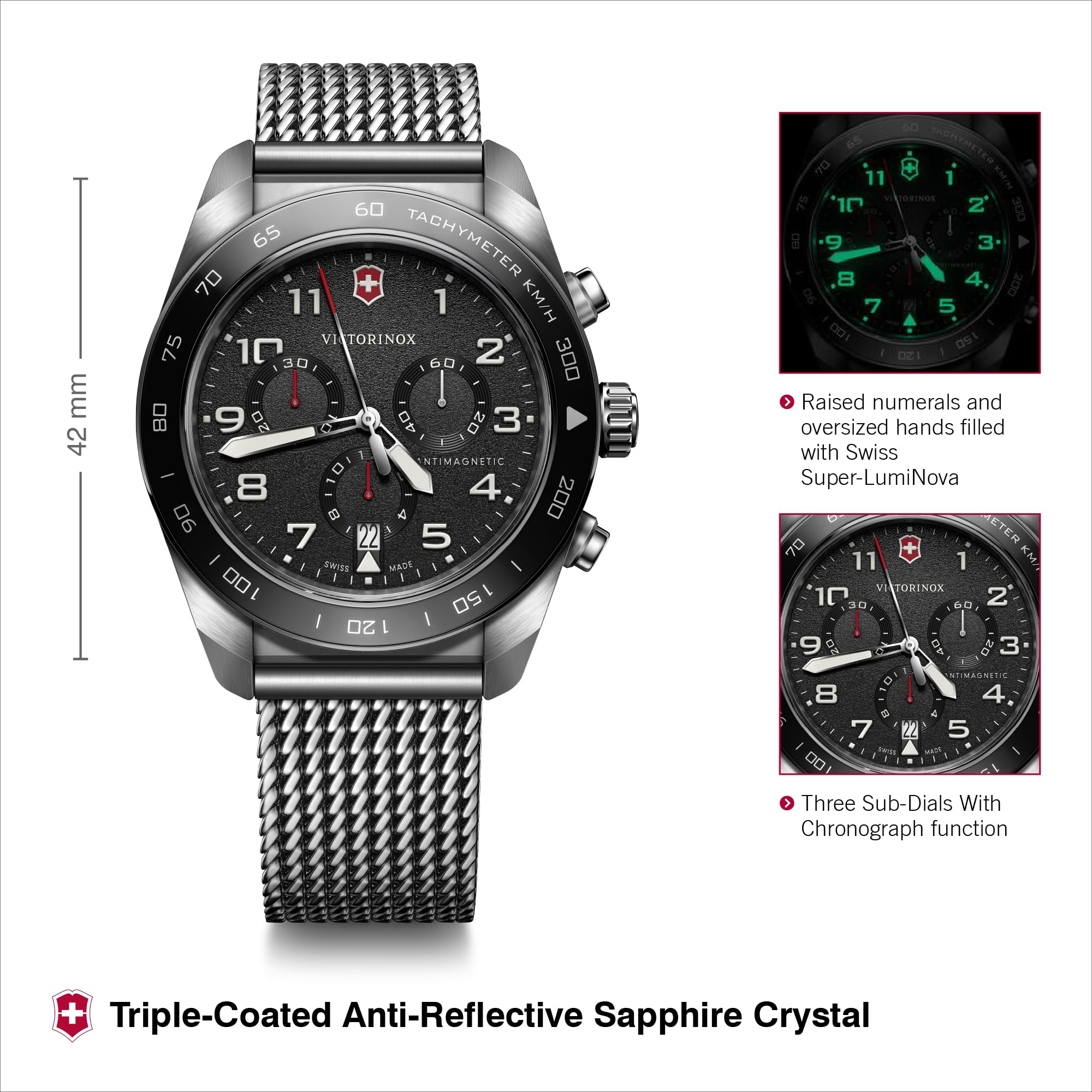 Victorinox Swiss Army Chronograph Black Dial Mesh Stainless Steel Watch 42mm - 242048