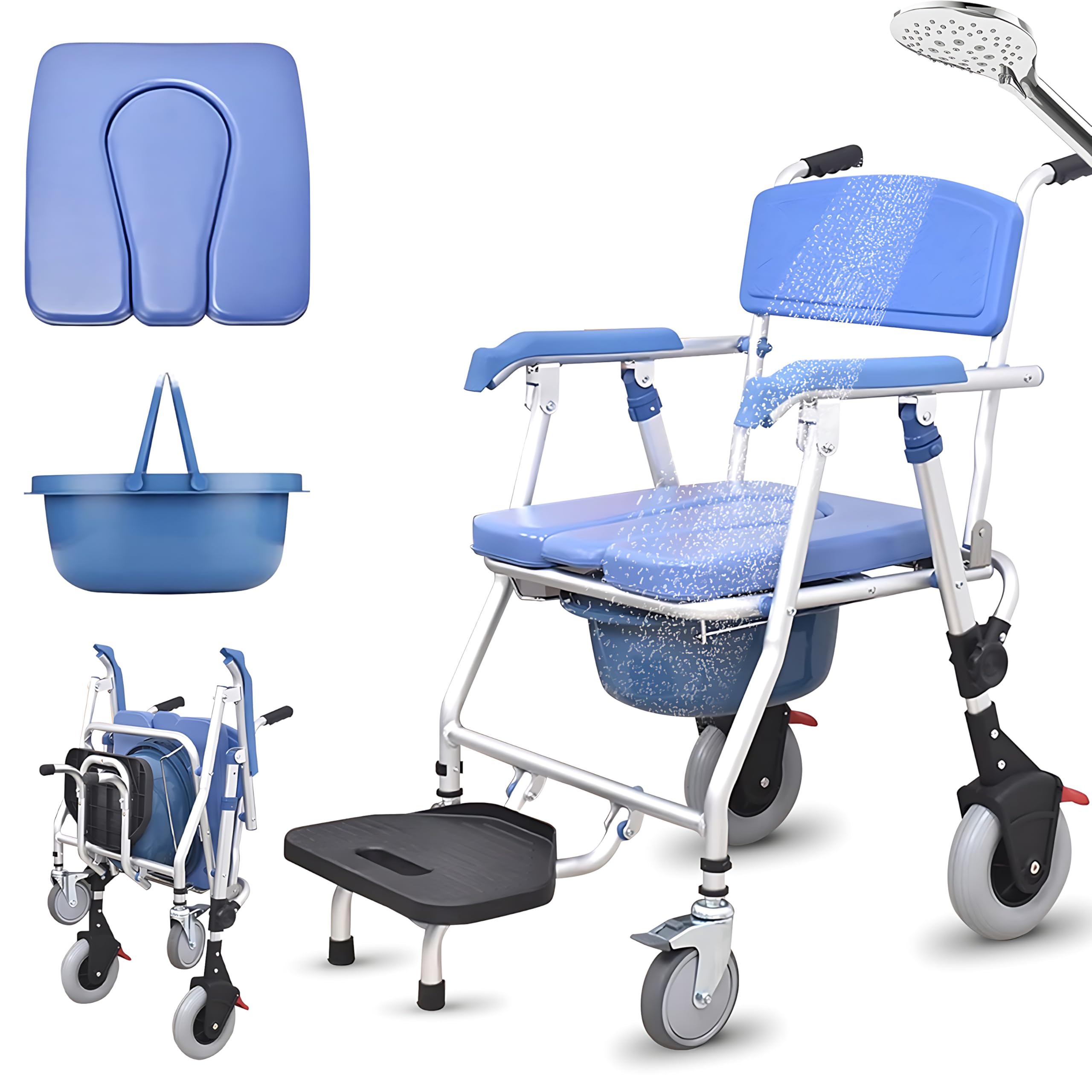 Silla de Ducha con Ruedas y WC, Silla de Baño Geriatrica Plegable, Silla WC para Personas Mayores,Taburete de Ducha con Reposabrazos, Capacidad de Carga 150 kg