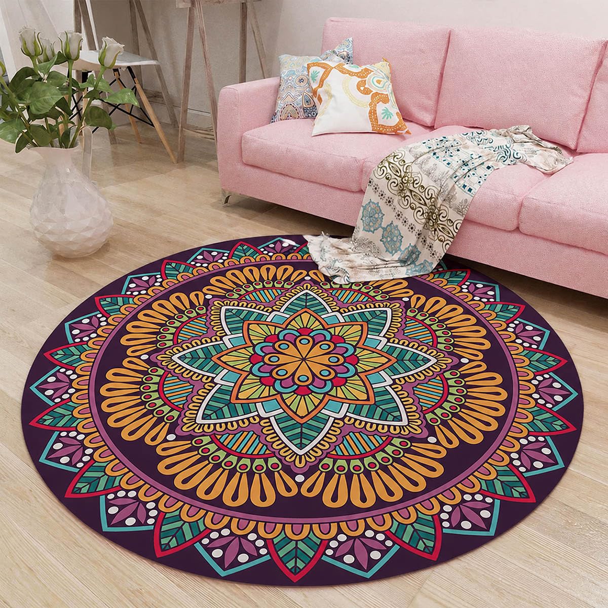 Tapis rond lavable à poils ras SSWH 180 cm avec dossier antidérapant