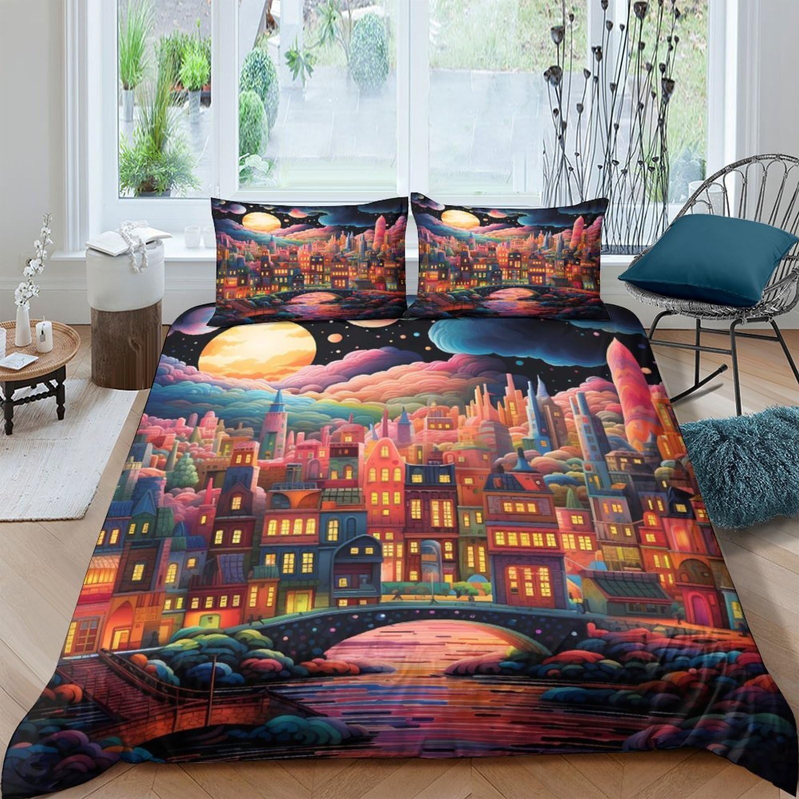 Ctjqhvkz Style-1 3D Printed Fantasy City Fitted Sheet Microfiber Soft Slip-Resistant Planet Bridge Bed Cover For Bedroom Guest Room Single（135X200cm）