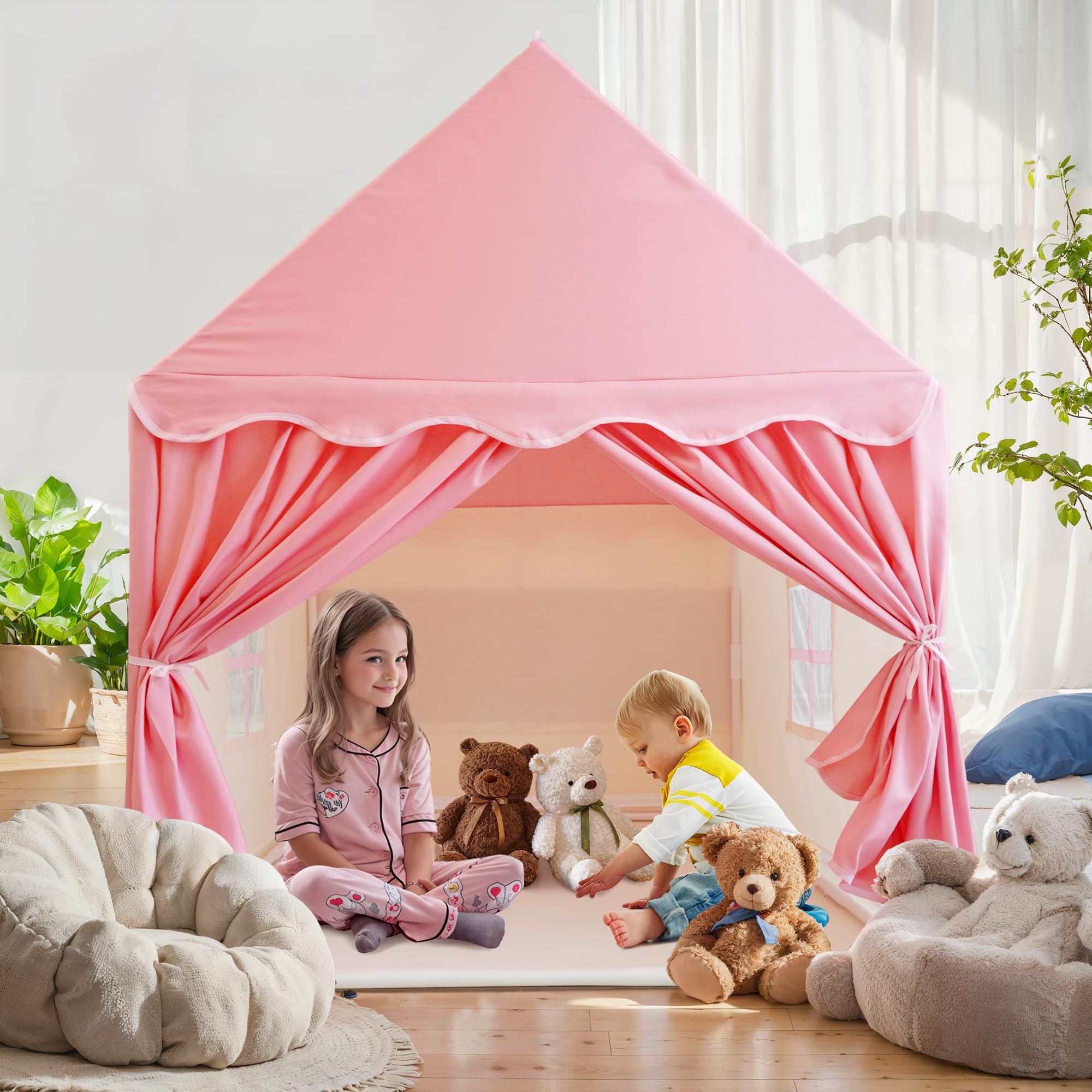TTLOJ Gift for Christmas Kids Play Tents for Girls, Princess Castle Tent, Large Fairy Playhouse Gift Toys for Girl Toddler Children Play House, Fairy Tale Teepee Tent Indoor Outdoor-Pink Realm