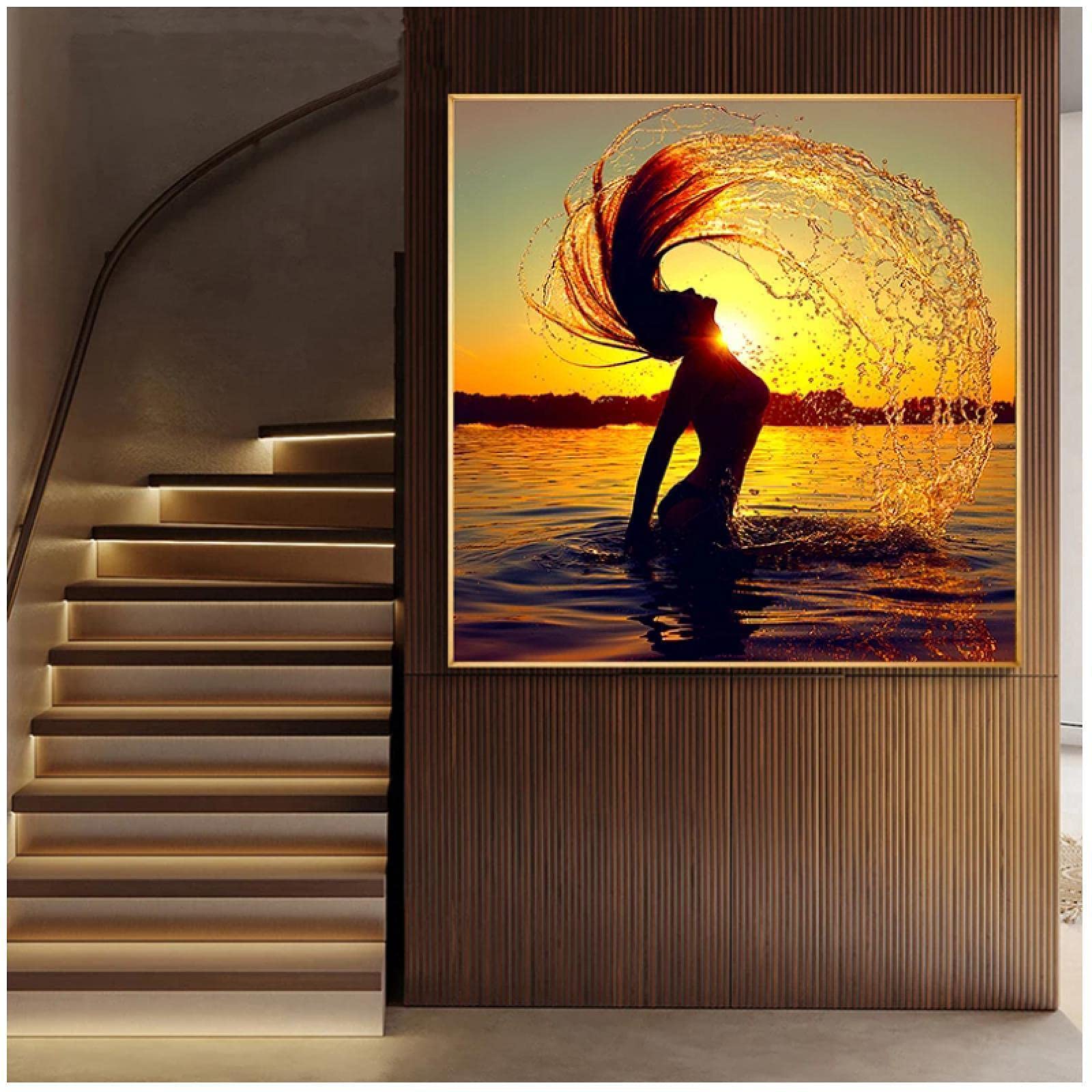Amazon.co.jp: ポスターガール彼女の髪で水しぶきキャンバス絵画夕日の