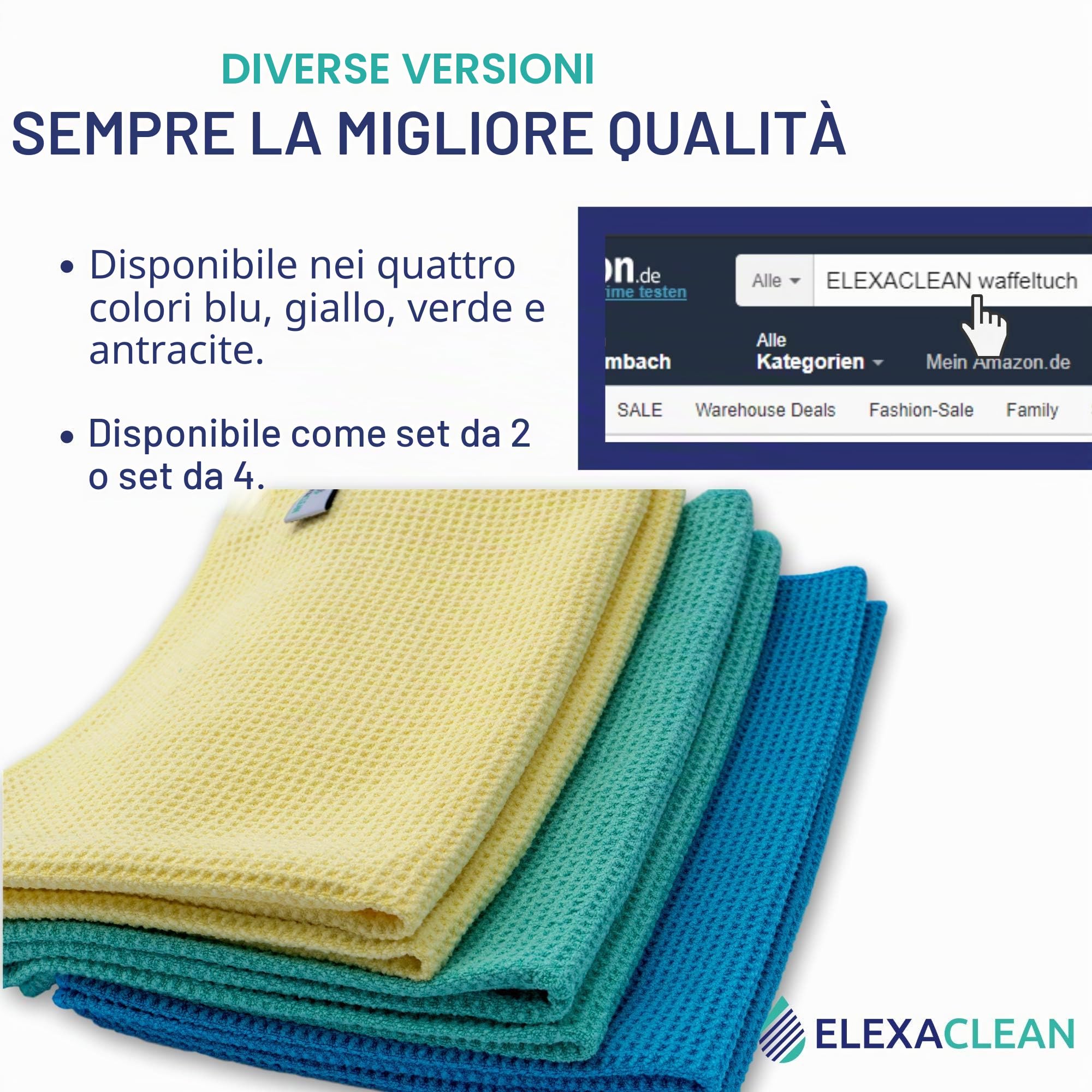 ELEXACLEAN Panno asciugatutto microfibra, panno a nido d'ape premium (2 pezzi, 60x40 cm, blu) molto morbido per auto, vetro, cucina, stoviglie e bagno