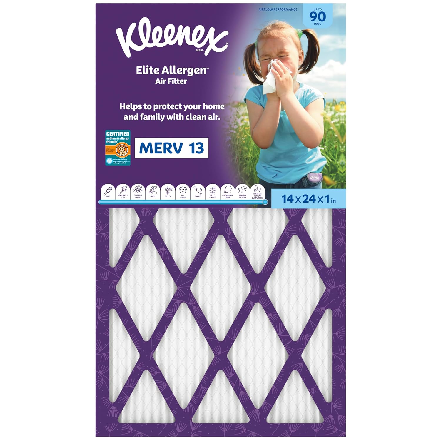 Kleenex Elite Allergen Air Filter 14x24x1 Inches - 13 MERV RATING (2-Pack)