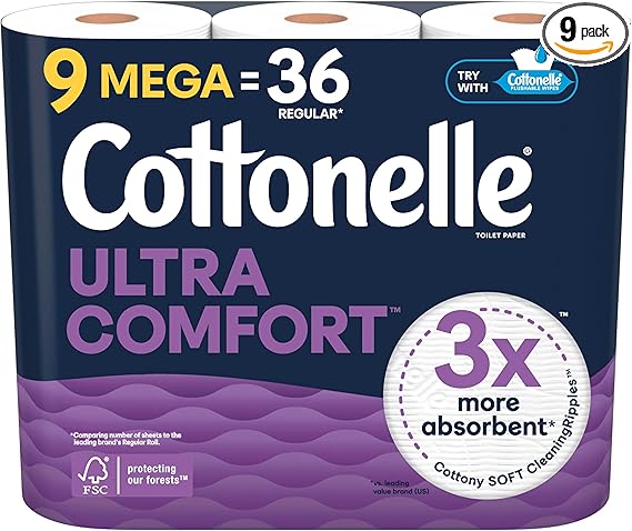 Cottonelle Ultra Comfort Toilet Paper, 9 Mega Rolls = 36 Regular Rolls, Packaging May Vary