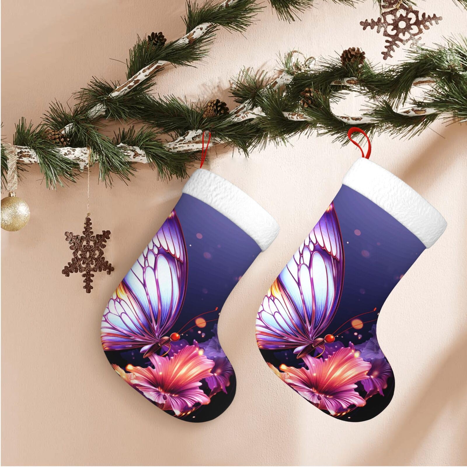17.7" Christmas Stocking 1 Piece, Purple Butterfly Xmas Stockings with White Plush Cuff Fireplace Hanging Stocking for Christmas Holiday Party Decoration