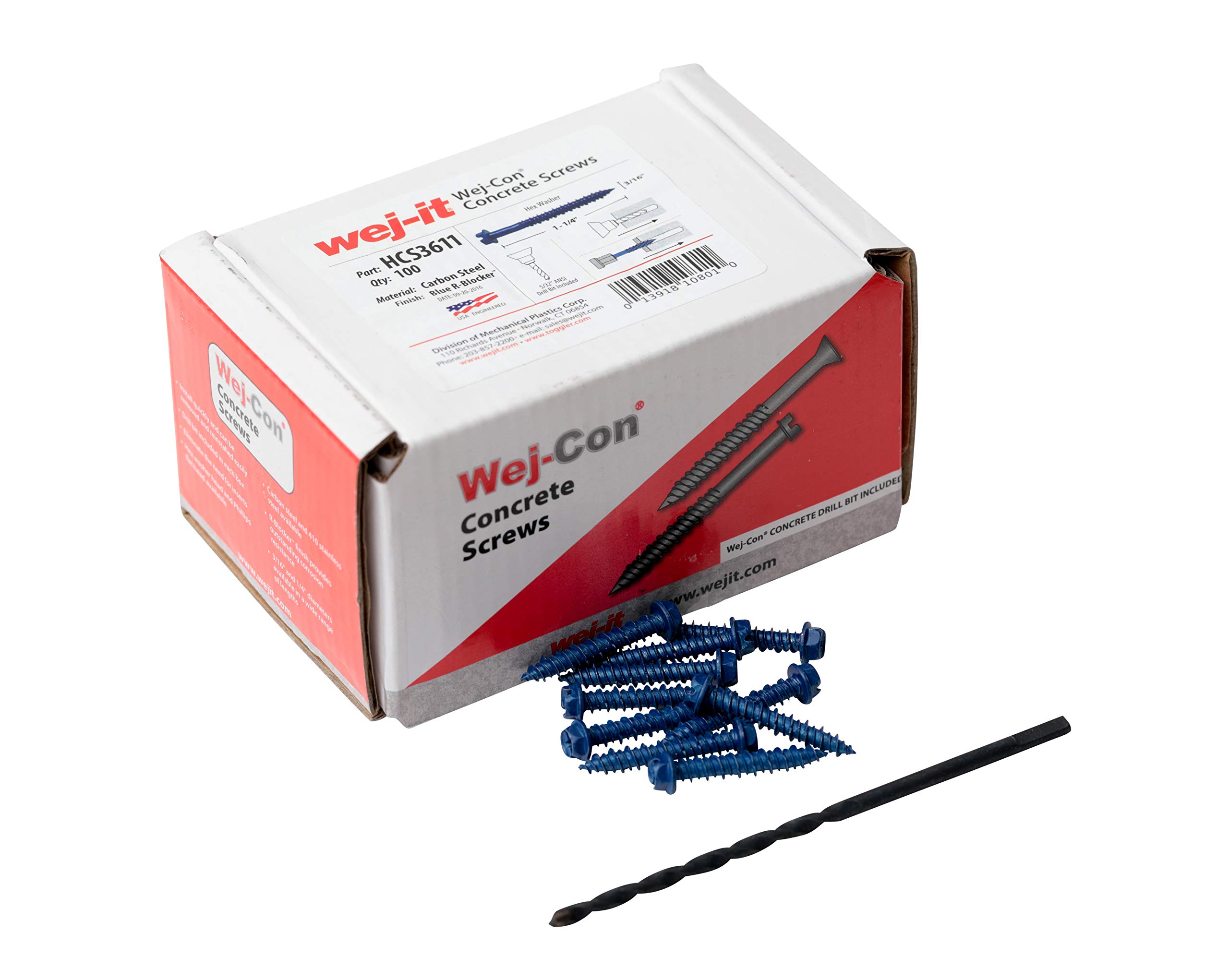 Wej-ItWej-Con Concrete Screws 100 Pack - Drill Bit Included - Carbon Steel Corrosion Resistant for Indoor Outdoor Home/Office Improvement (Hex Washer Head with Slotted Drive, 3/16 x 1-1/4)
