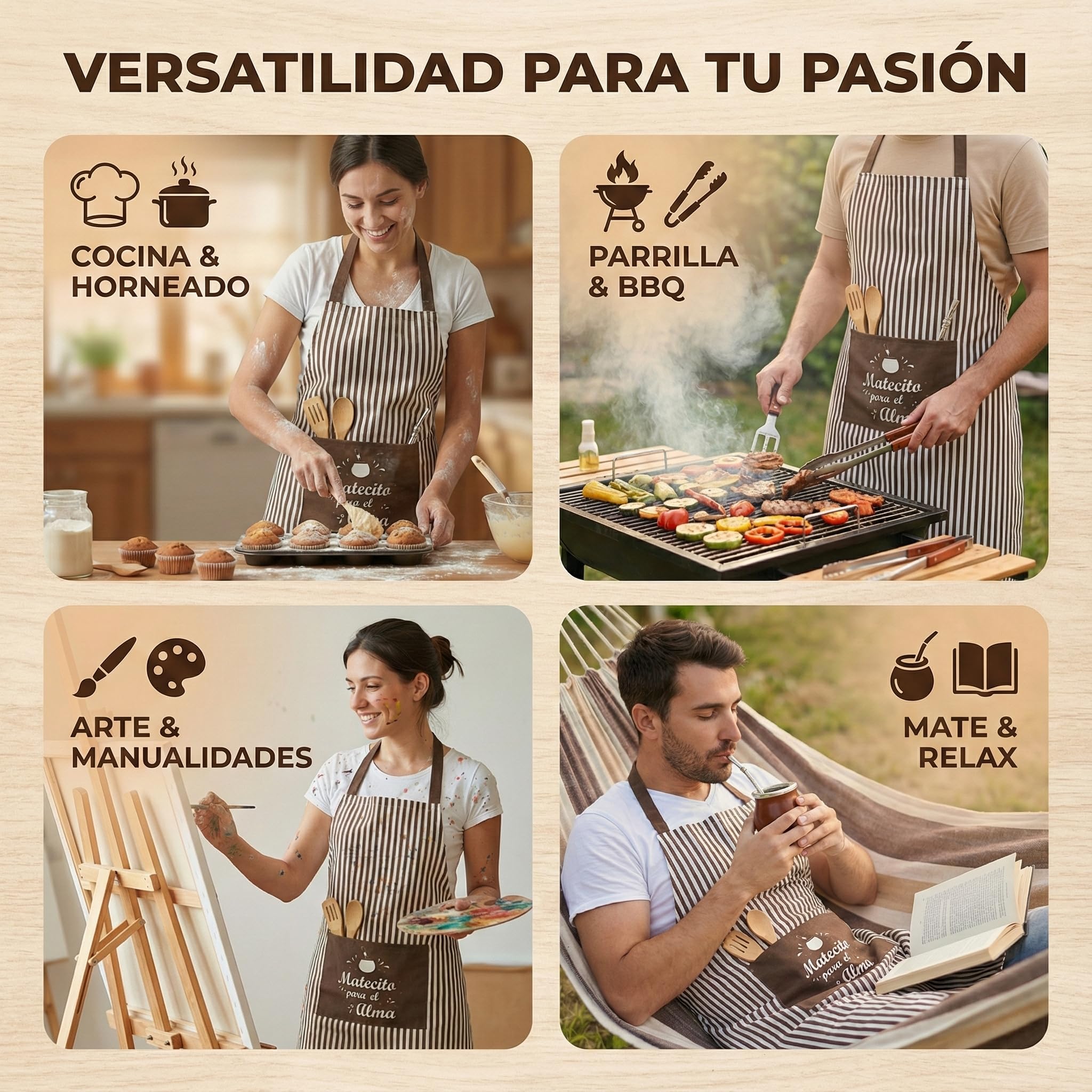 Delantal de Cocina a rayas Frase Matecito para el Alma, Unisex, Ajustable, con Bolsillo, 80x60 cm, Mezcla Resistente Poliéstery Algodón