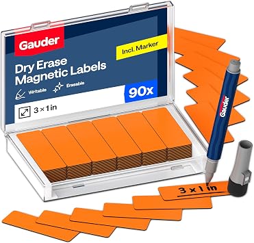 GAUDER Magnetic Labels Writable - Reusable Magnet Tags for Whiteboard, Chalkboard, Kanban Board and Refrigerator - Magnet Cards with Marker 90 Pack - 3 x 1 Inches