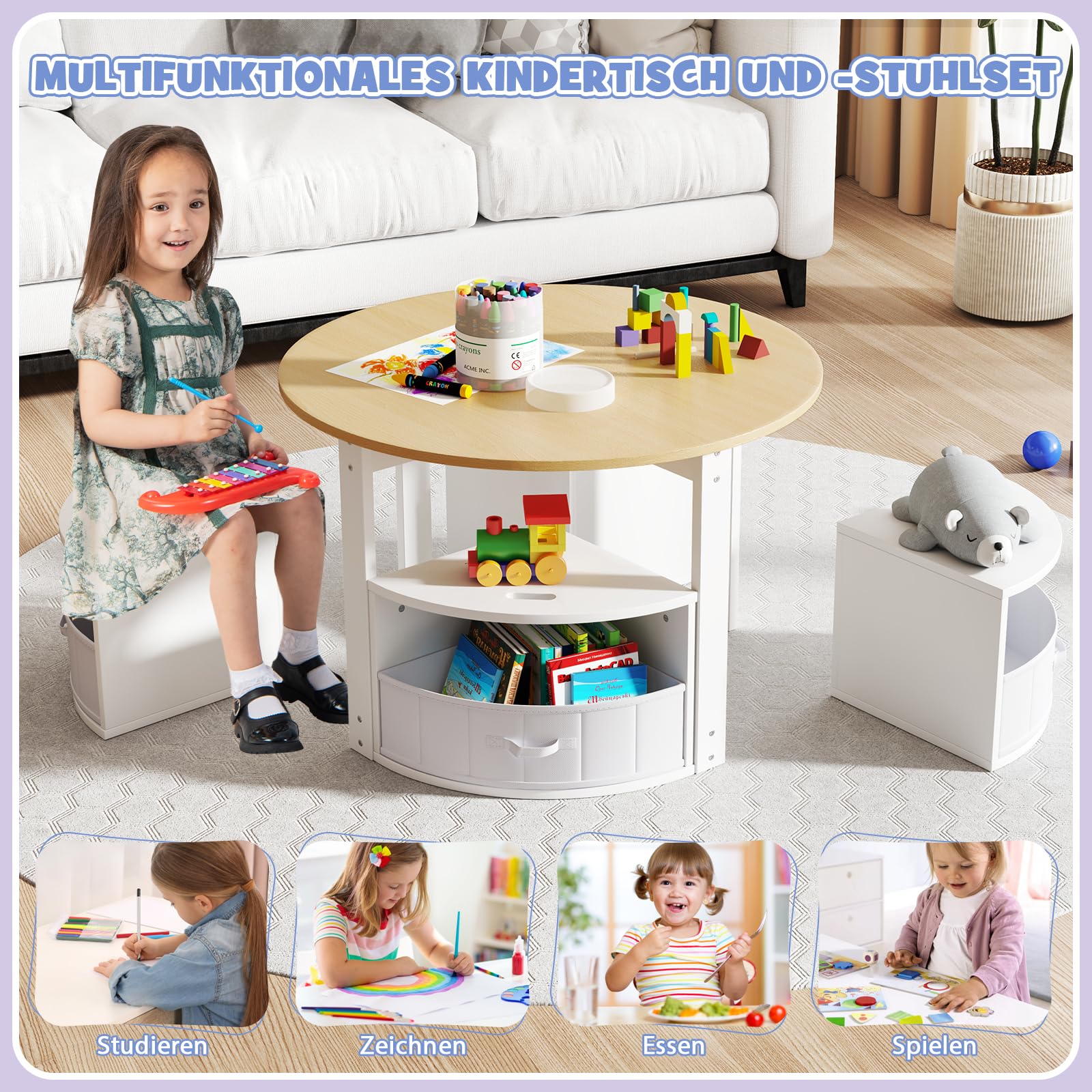 DREAMADE Kindertisch mit 4 Stühlen, Kindersitzgruppe mit 4 Hockern & 4 Stoffboxen, Kinder Tisch Stuhl Set, Kinder Maltisch Aktivitätstisch Set Kindermöbel für Kinderzimmer, Spielzimmer (Natur)