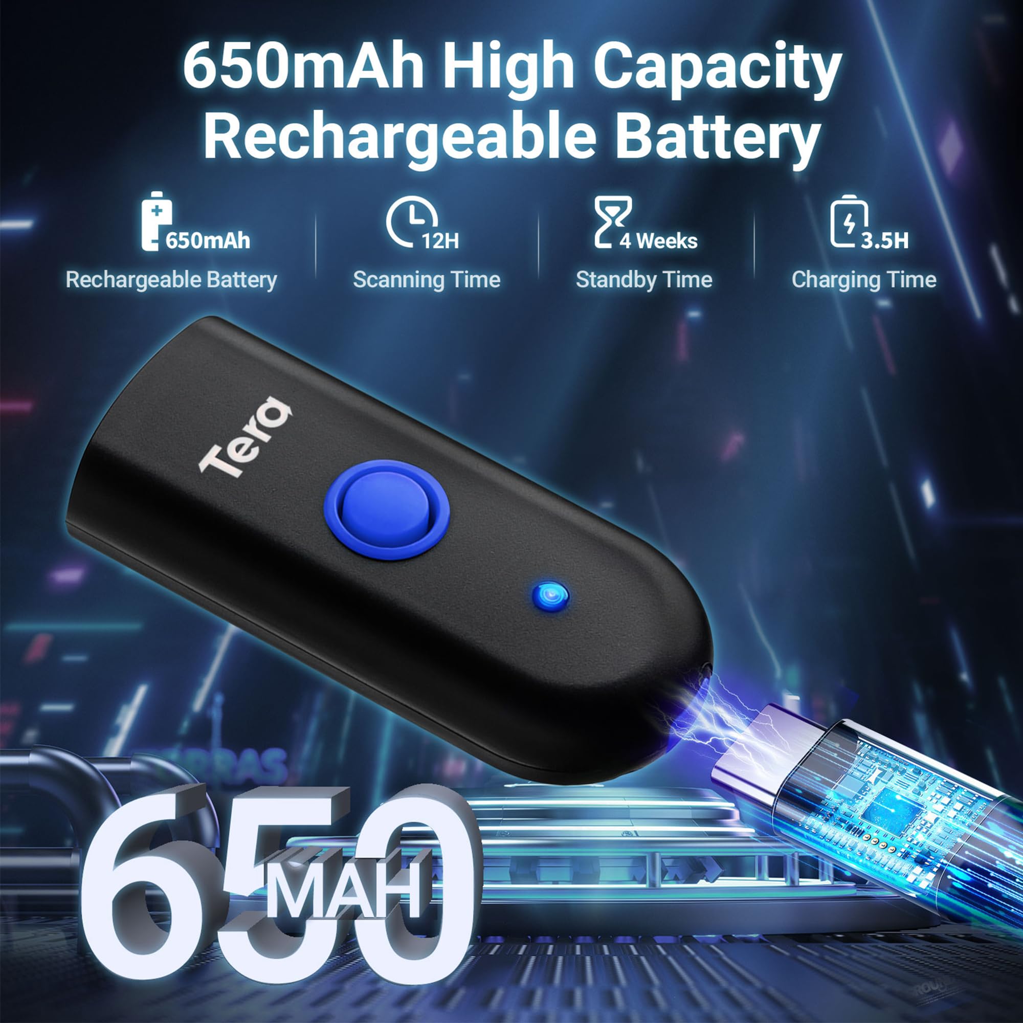 Tera Mini przenośny skaner kodów kreskowych, laserowy skaner kodów kreskowych 3 w 1, Bluetooth, kabel USB, bezprzewodowy 2,4G, do czytnika kodów kreskowych 1D, 1100 laserów