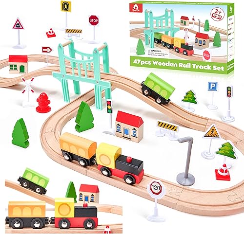 Juego de 47 piezas de tren de madera para niños pequeños, pista de tren de madera, expandible y cambiable, juguetes educativos seguros, regalo para