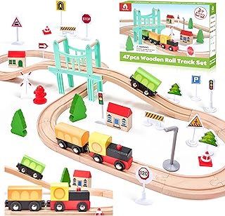 47Pcs Wooden Train Set for Toddlers, Wooden Train Track - Expandable and Changeable, Safe Educational Train Toys Gift for Boys & Girls Kids Ages 3-5 4-8, Compatible with All Major Brands