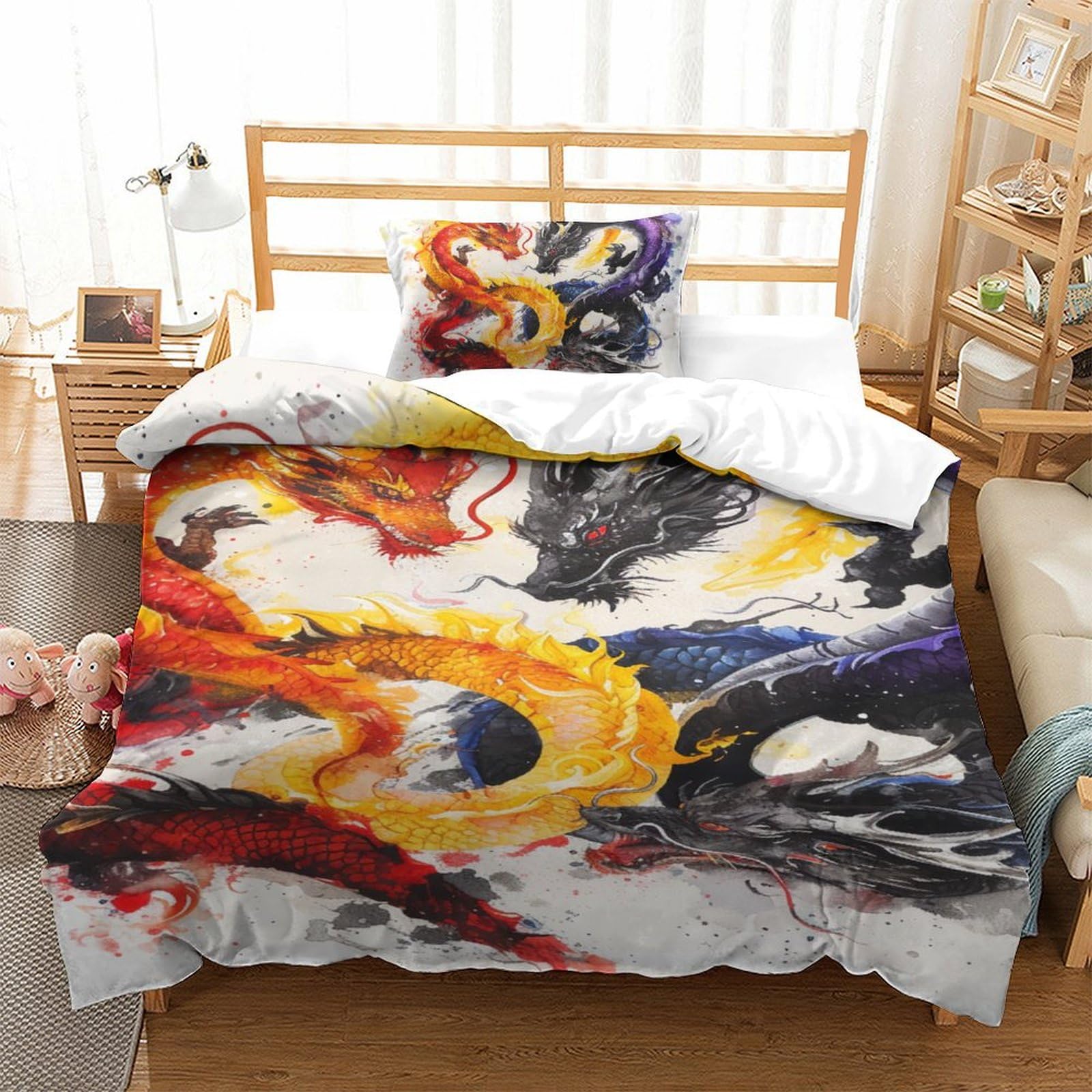 Housse de couette dragon 3D 135x200 cm avec taies pour lit simple