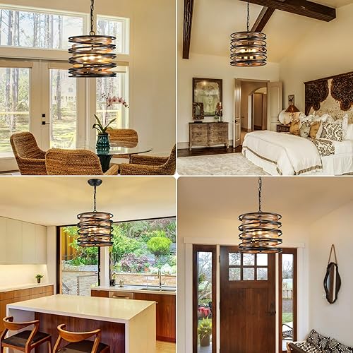 Miniatura 8 de Candelabros de granja de 12 pulgadas para comedor, lámpara colgante de metal industrial de 3 luces, lámparas colgantes de tambor rústico sobre la