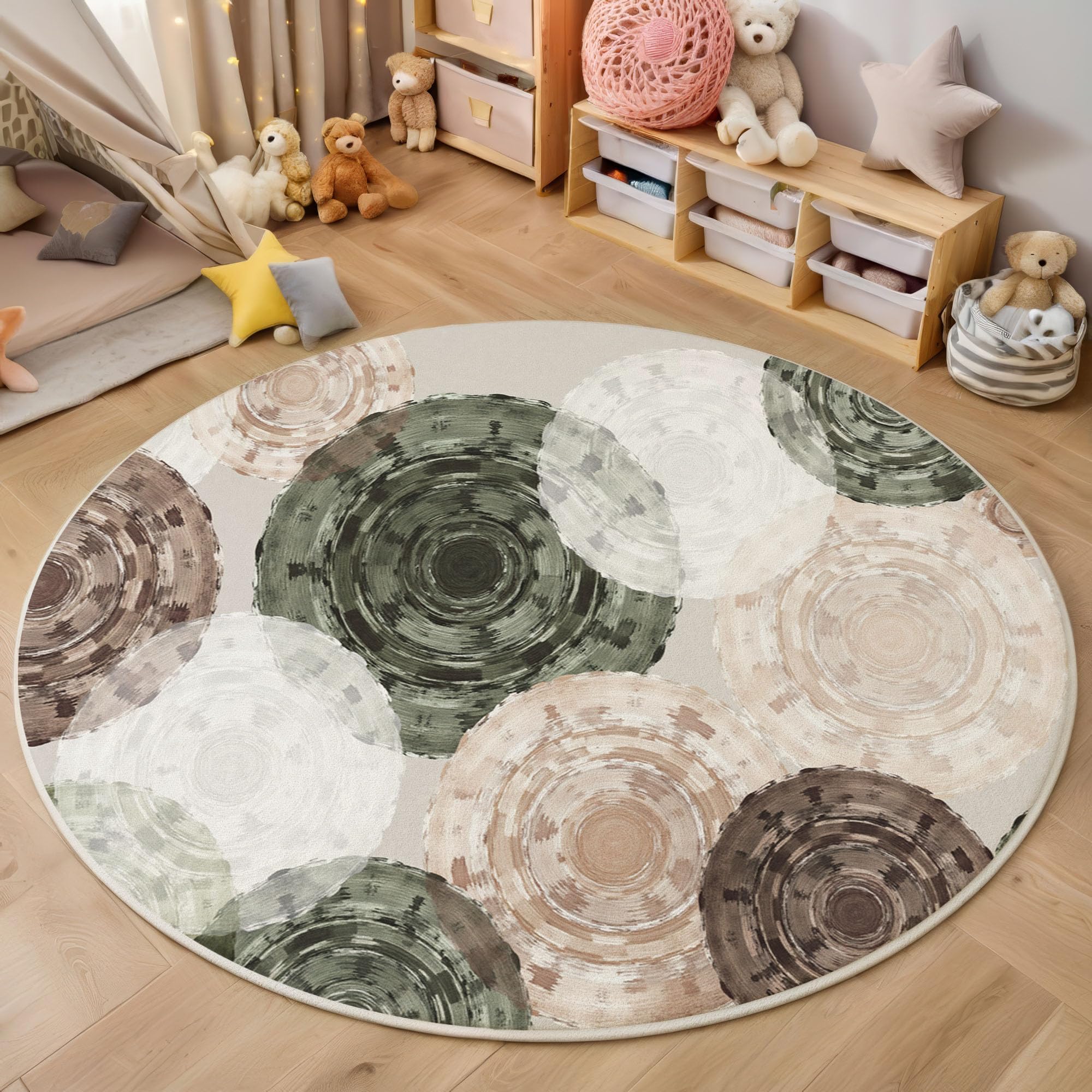 Tapis Texture des Anneaux d'arbre Rond 100cm | Art Abstrait Nordique Antidérapants Salon Lavables Tapis Ronds à Poils Courts Ronds Doux Vert Olive pour Chambre à Coucher